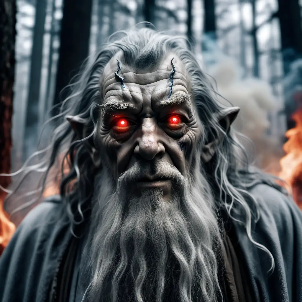 In an ultra-realistic 8K close-up photo, imagine a gray Gandalf fused with Gollum/Sméagol, their faces merged in a sinister expression. The scene is set against a burning forest with billowing smoke on a snowy day, creating a stark and eerie atmosphere. Gandalf's combined entity possesses red eyes and a malevolent open mouth. Their shirt bears a mysterious inscription. The low-angle camera perspective intensifies the dramatic ambiance, capturing the gravity of the moment. The aspect ratio is set to 2:3, and a vignette with a value of 6 adds depth and emphasis, creating a hauntingly powerful composition.