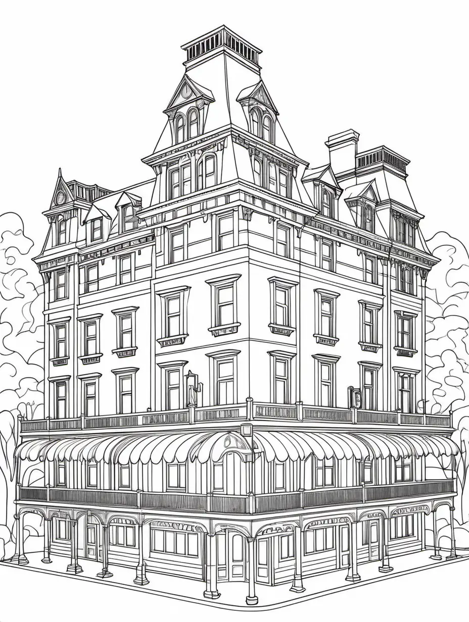 Create a simple line art coloring page featurinig a Victroian Hotel. Emphasize clean and minimalistic thin lines, utilizing a one-line drawing style for an elegant effect. Omit logos and letters from the design. Keep the details simple and minimal, employing a continuous line drawing technique. Ensure the overall aesthetic is minimalist, providing easy-to-color elements that capture the charm of a victorian hotel without unnecessary complexity. The coloring page should reflect the beauty of the scene with simplified details and a user-friendly design