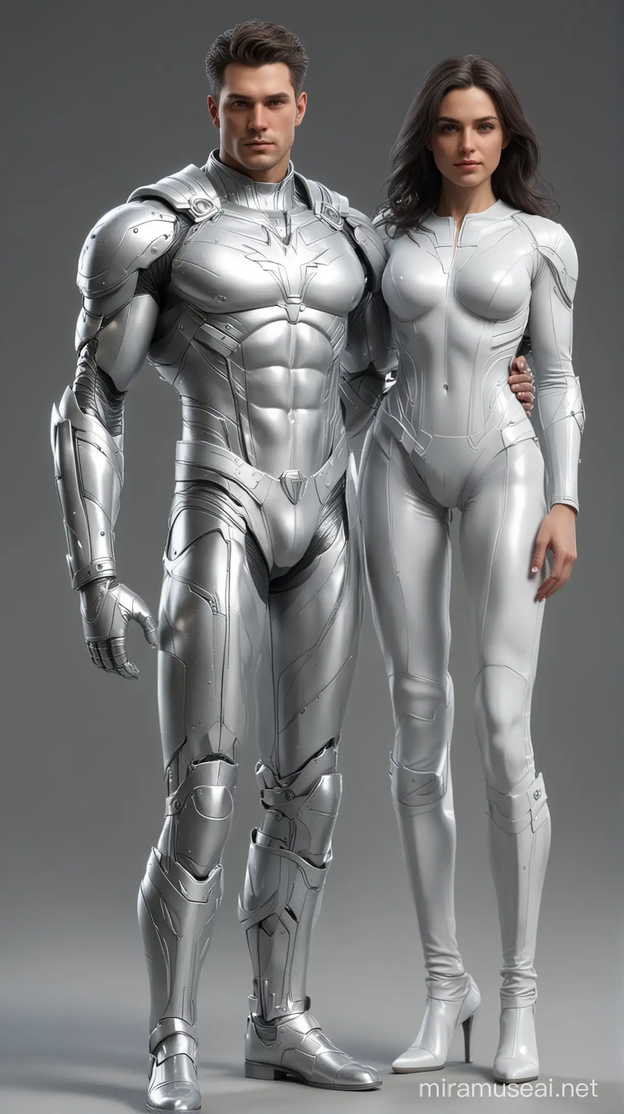 Full full body a beautiful couple, Wonderboy wearing white and silver and Donna Troy  wearing white and silver, standing firmly face frontal camera focus asymmetrical face details,charachter, beautiful, devian art, trending artstation, digital art, detailed, realistic, humanoide, character,cinematic sho ,cinematic lights, high textures, high resolution, dreamlikeart, 8k, highly detailed, stabilized diffusion