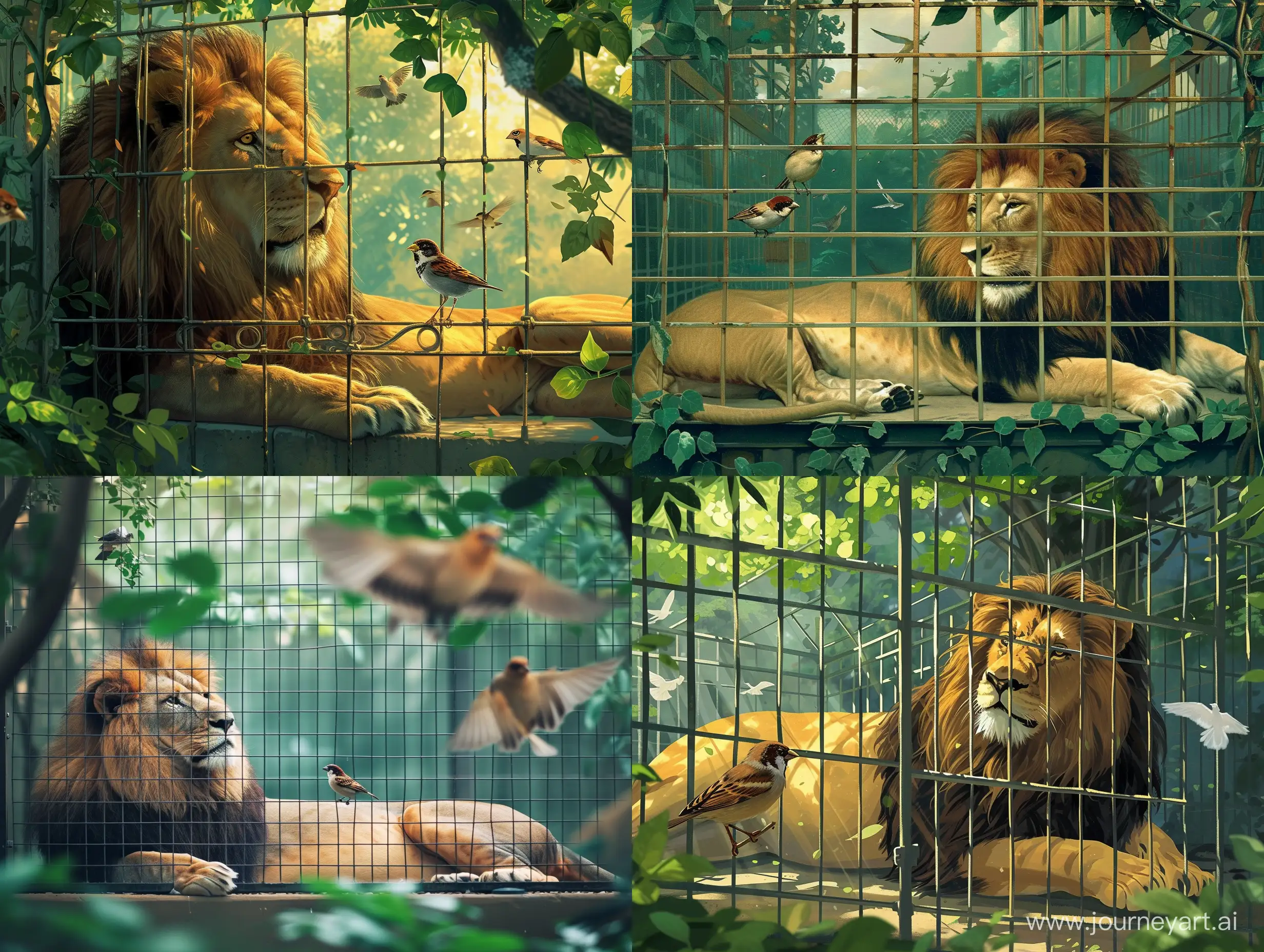 Harmony-in-Captivity-Sparrow-and-Lion-Coexistence-in-Zoo