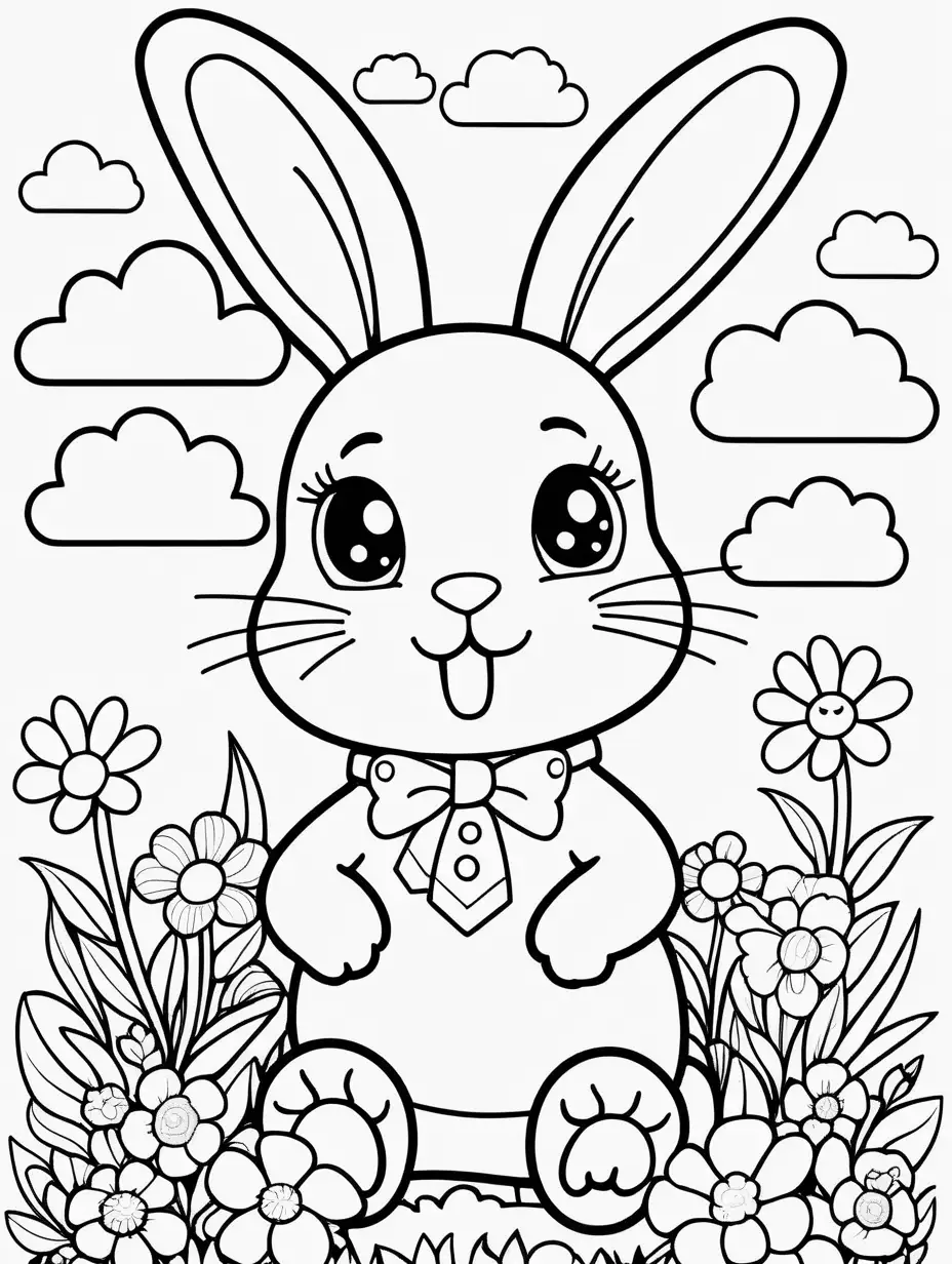 Adorable Kawaii Bunny Coloring Page for Kids with Floral Delight