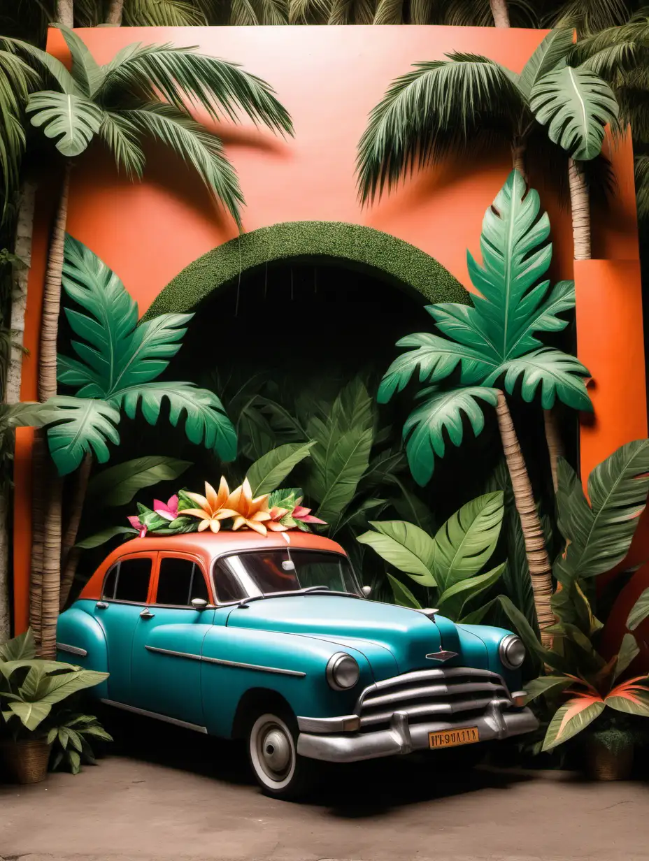 a havana tropical garden decoration with a 2D old car for an event photobooth THAT LOOKS ELEGANT

