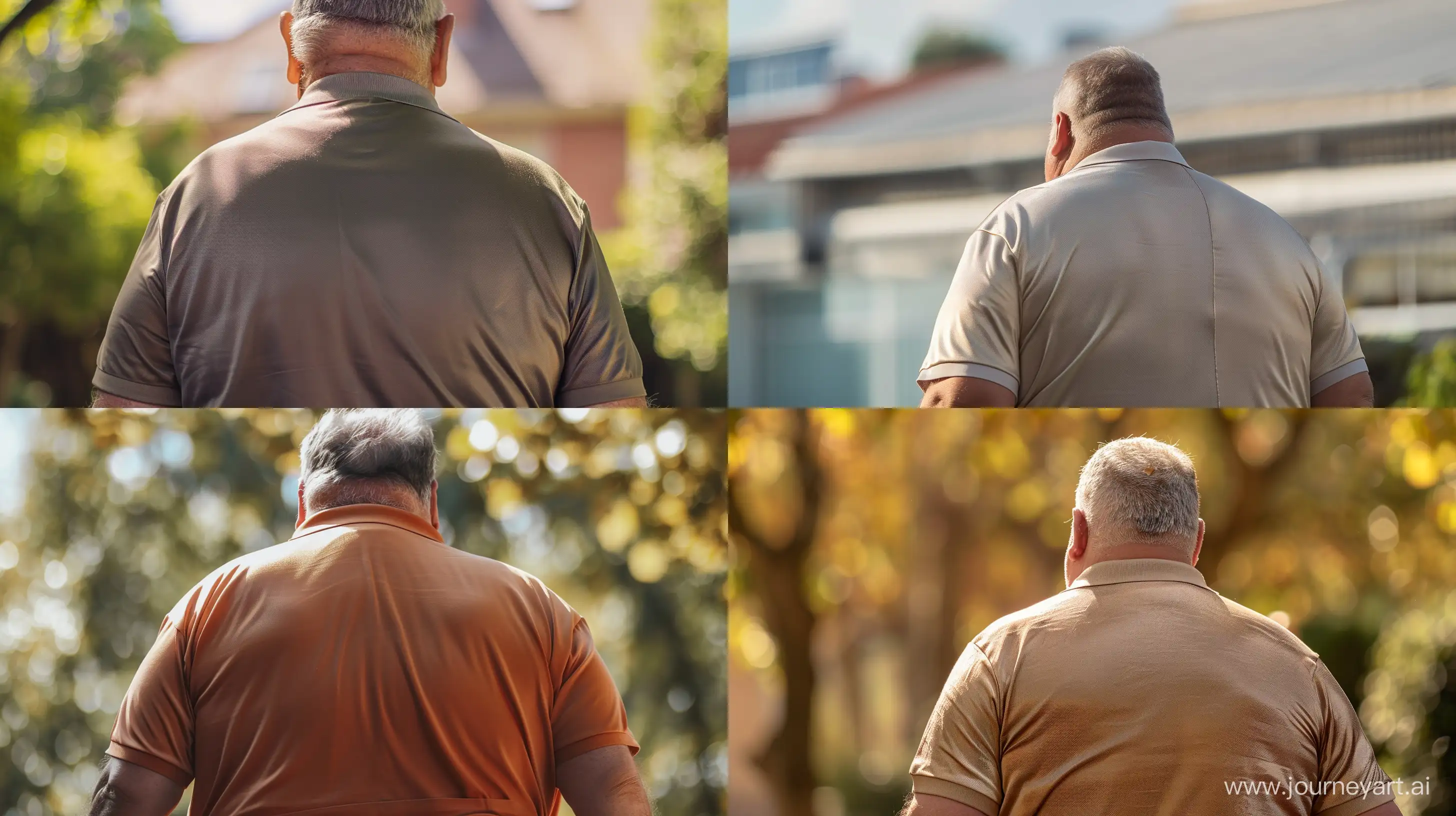 Back view close-up photo of a fat man aged 60 wearing silk tucked sport polo shirt. Walking Outside. --style raw --ar 16:9