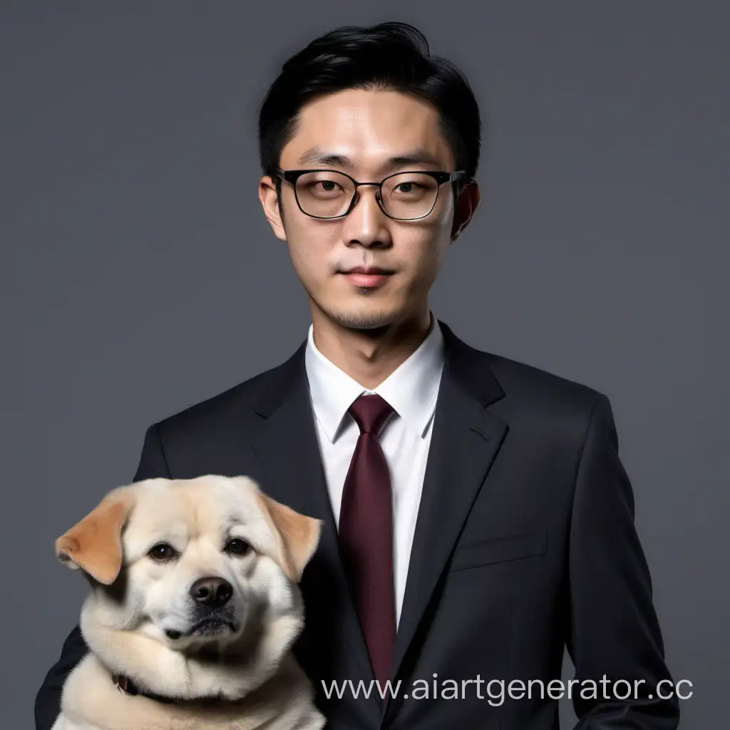 человек азиатской внешности с худым лицом, в очках и с прической на бок в костюме у которого рядом стоит собака