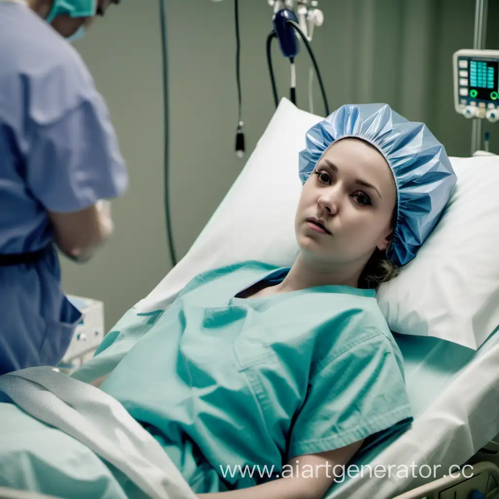 young woman in hospital gown and bouffant cap lying in emergency room