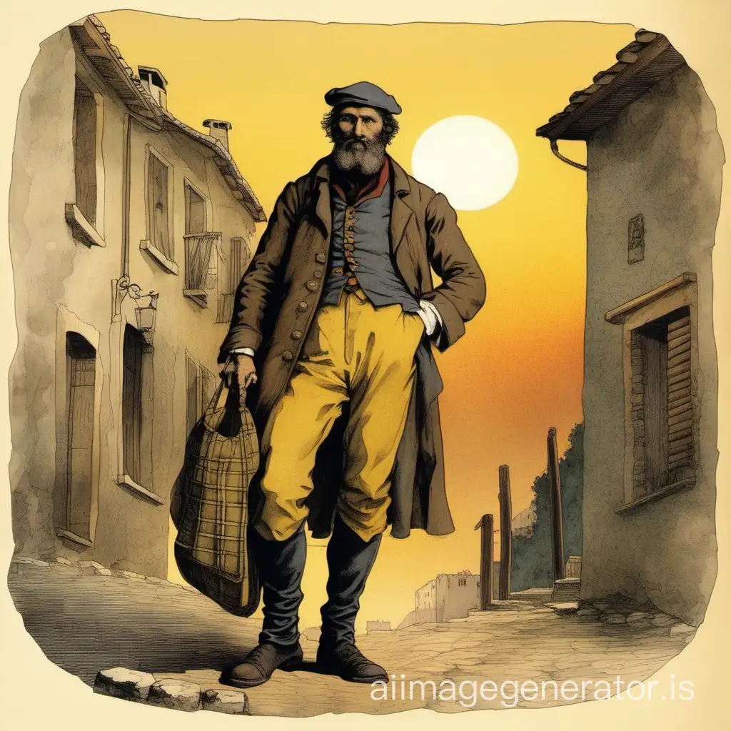 AUTOME 1815, SUNSET IN THE CITY OF DIGNE, a man of medium height, with a shaven head and a long beard. Stocky and robust, in the prime of life, wearing a leather visor cap that partly conceals his face, he wears a shirt of thick yellow canvas and an old, ragged gray blouse, patched, on his back a soldier's bag, in his hand a huge knotted stick. Jean Valjean