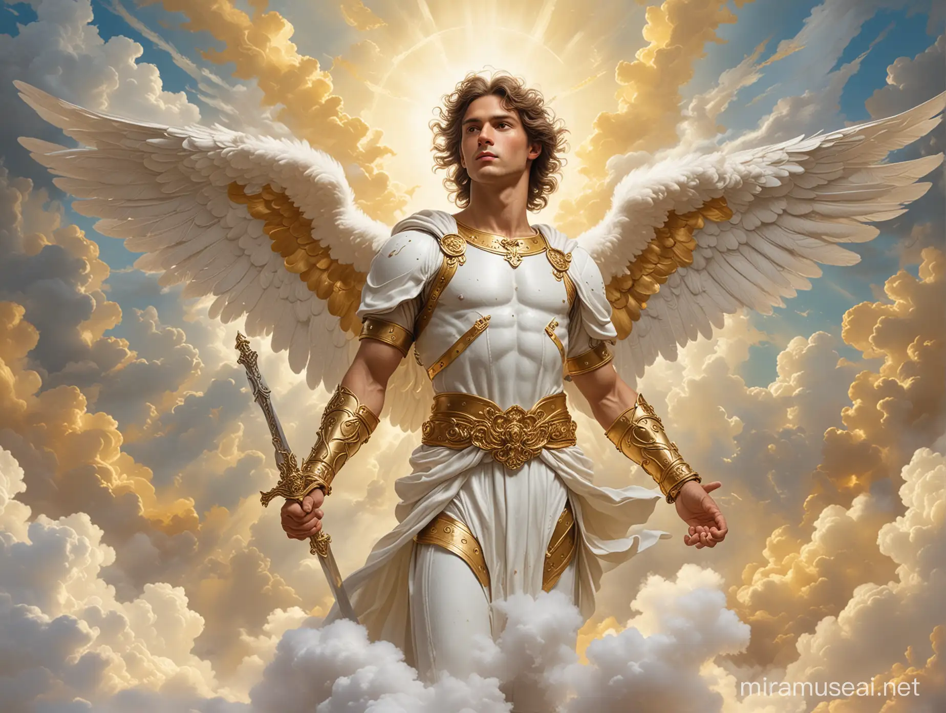 /imagine a realistic artistic rendering of Michael the Archangel with a with a white and gold puffy cloud background