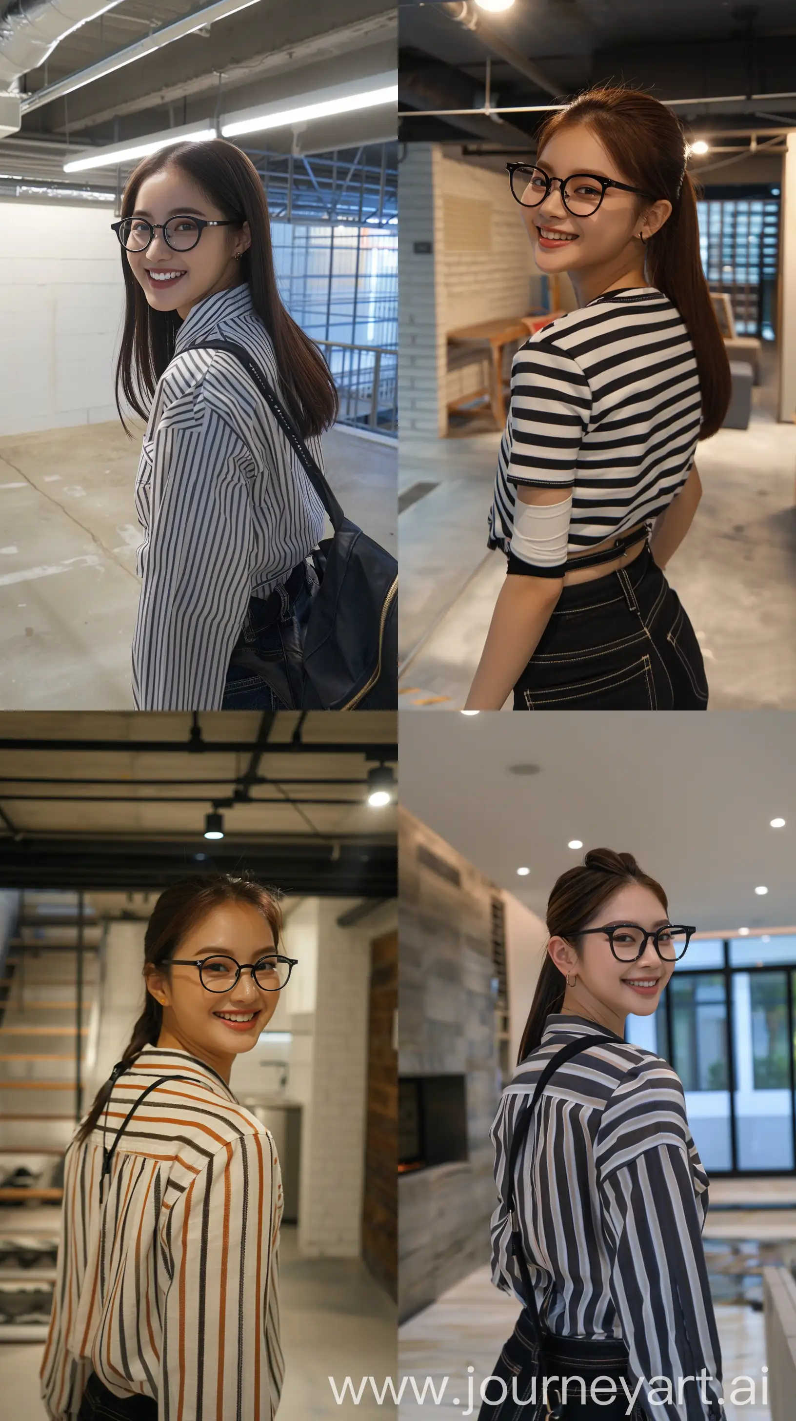 Smiling-Jennie-from-Blackpink-in-Striped-Shirt-and-Glasses-Walking-Inside-Modern-Basement