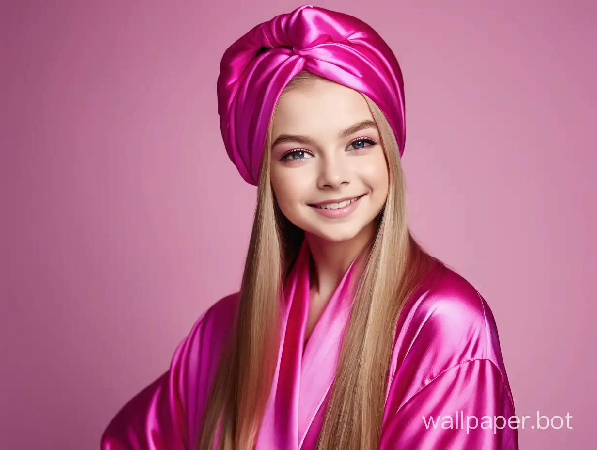 Glamorous portrait of sweet, young, sunny queen Yulia Lipnitskaya with long straight silky hair Smiling in Luxurious Pink fuchsia Silk robe with pink fuchsia silk towel turban on the head