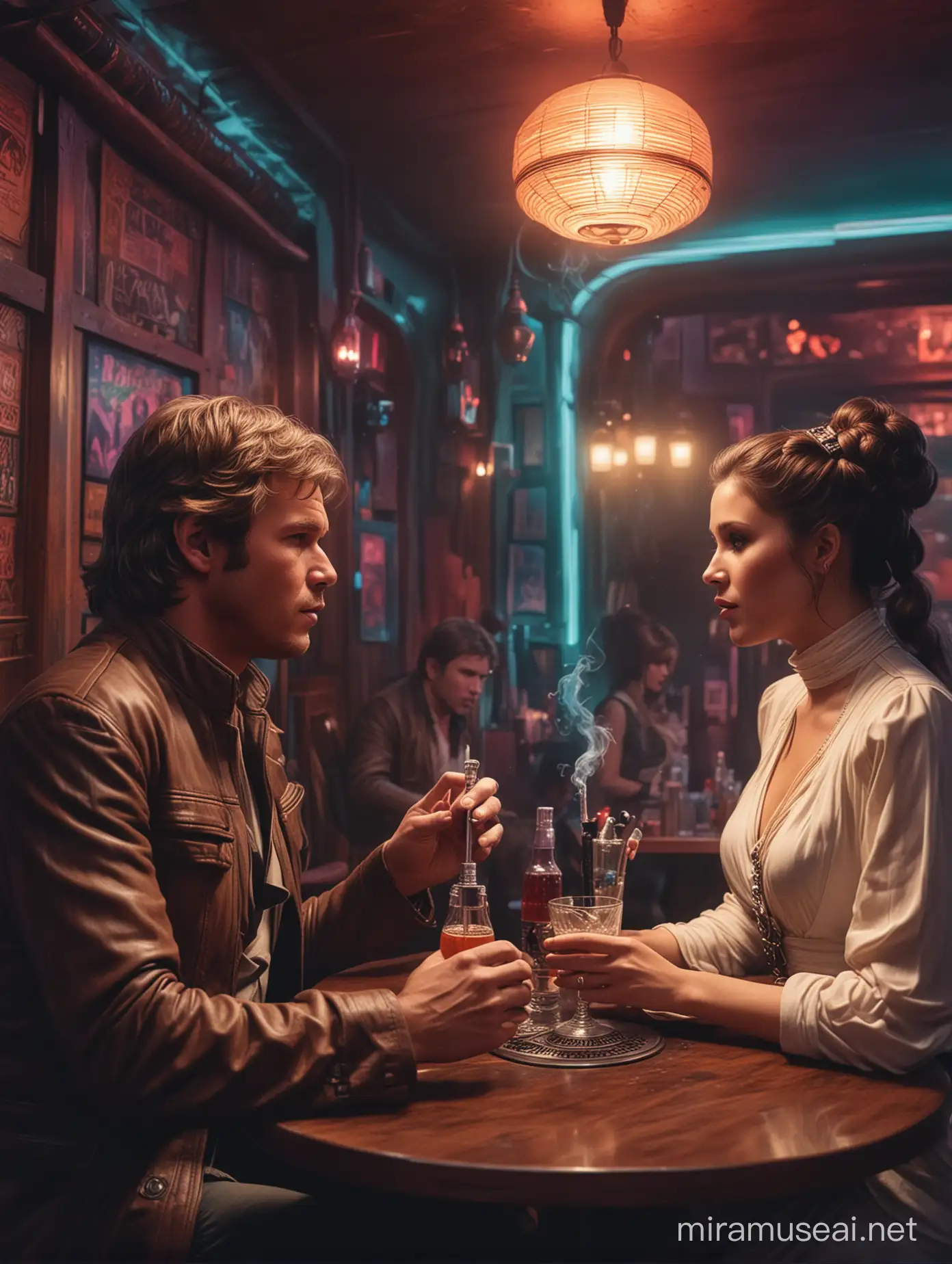Han Solo, Chewbacca, Luke Skywalker, and the sexy Princess Leia come together in a booth at the heart of the lively cantina. They are smoking a hookah. The atmosphere is lively with a synthwave color pallet . 
