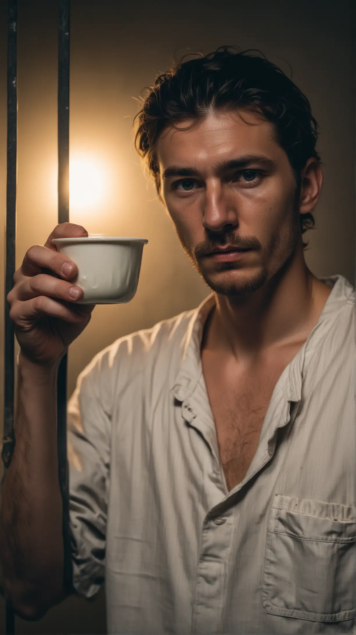 A convict holding a cup of yogurt in a dimly lit cell.