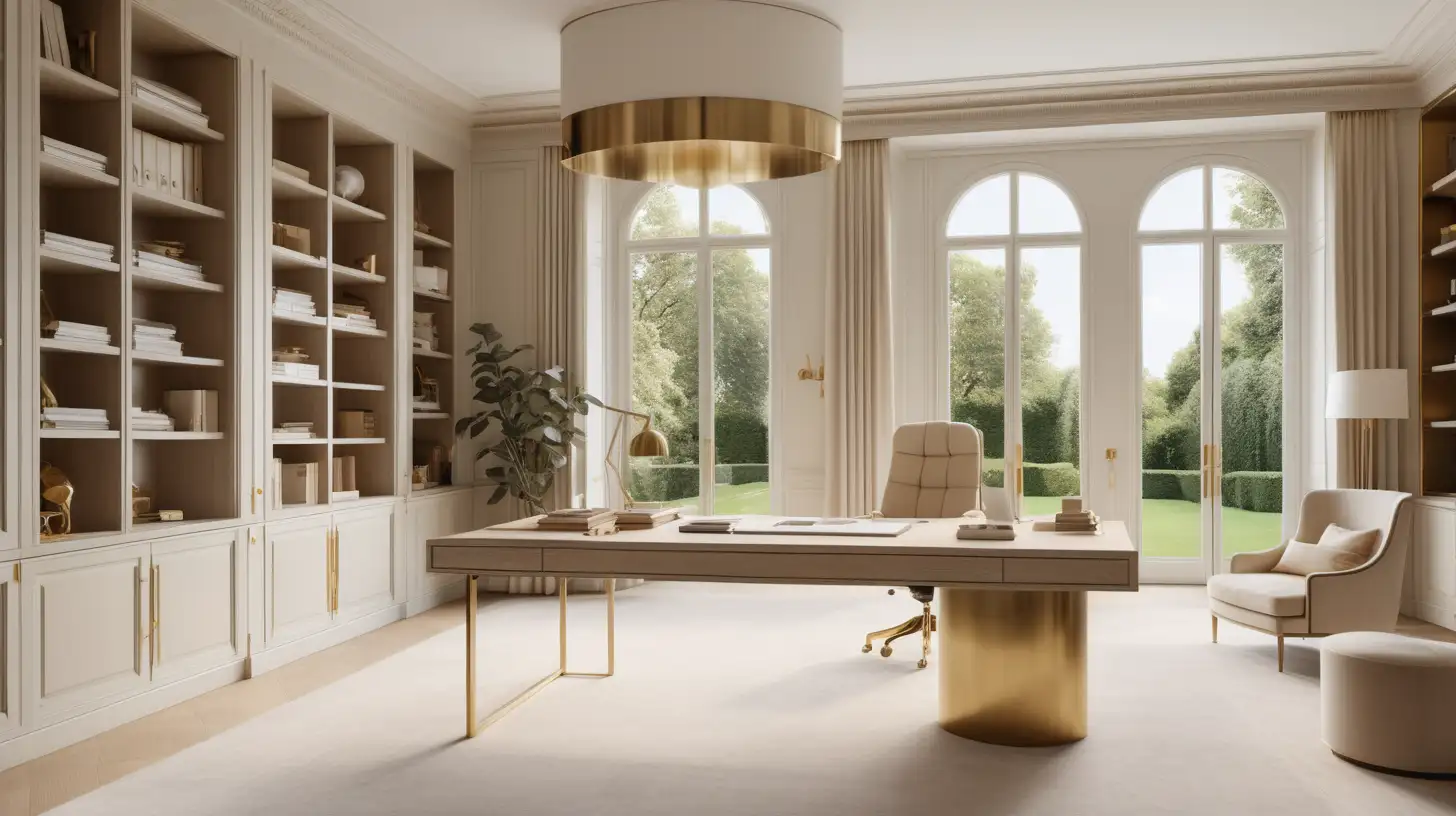Hyperrealistic image of a modern Parisian estate home office; built in cabinetry; large desk;  brass pendants; floor to ceiling window with a view of the gardens;  beige, light oak, brass, ivory colour palette