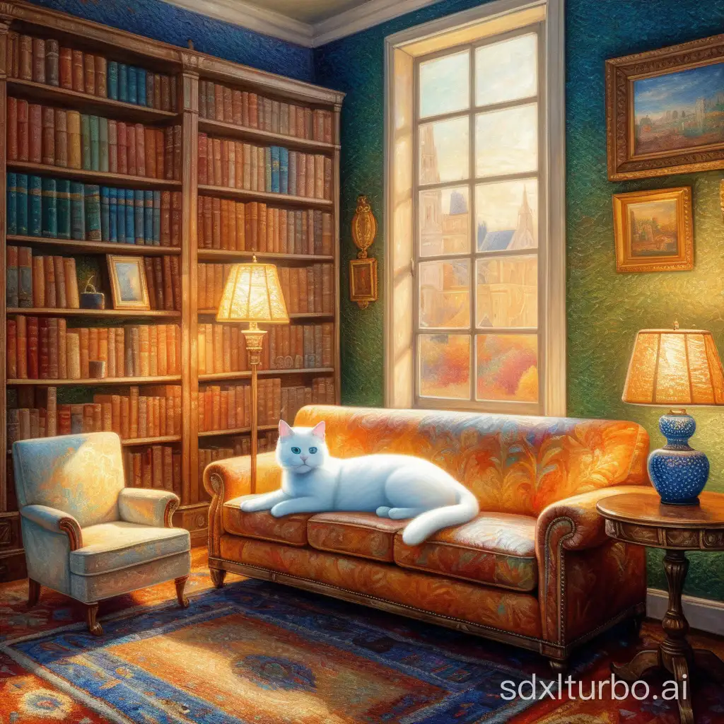 In a study room full of bookcases and books a white cat with a cup on its hand, setting on a single sofa , there is a floor lamp next to the sofa, highly textured, Seurati style, oil painting texture, pointillism style, colorful color scheme, mainly warm colors, mild light