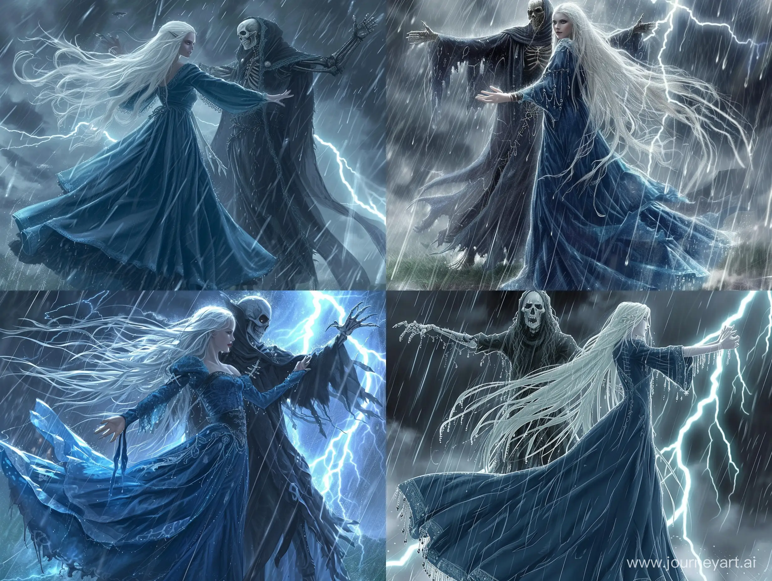 a beautiful girl, long white hair, dressed in a long medieval blue dress, death stands behind her with his arms outstretched, it's raining, lightning is flashing