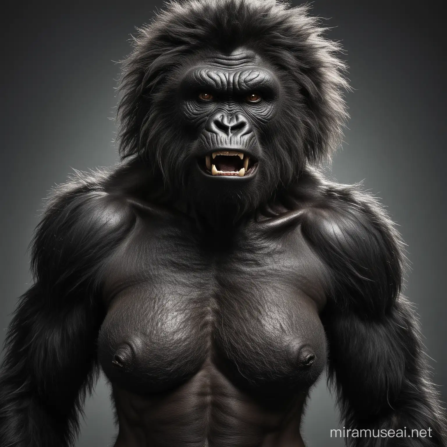 A very hairy woman transform to weregorilla showing the very hairy body with black skin and hairy sweaty chest and gorilla faces and hairy faces