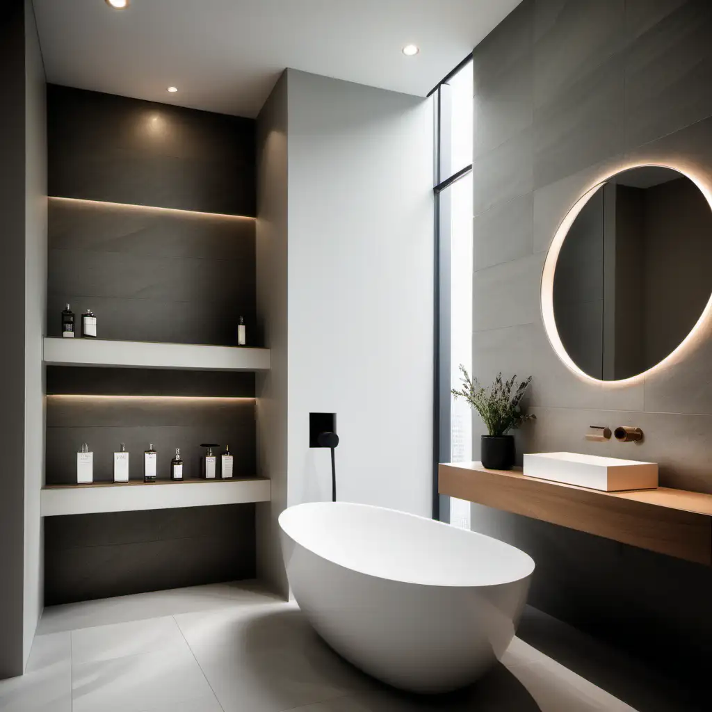 Editorial photograph of a bathroom with built in niche wall that has pole wrap on the niche  8k resolution