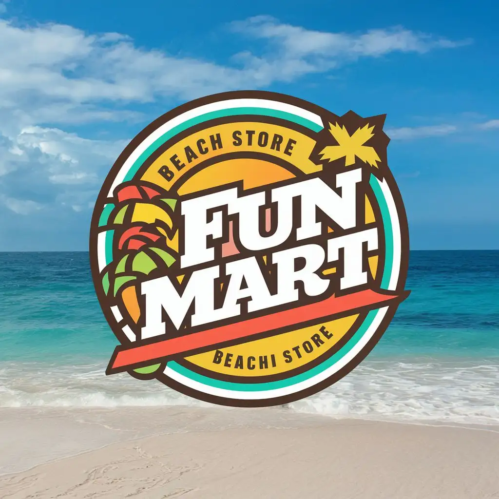 logo, BEACH, with the text "FUN MART BEACH STORE", typography