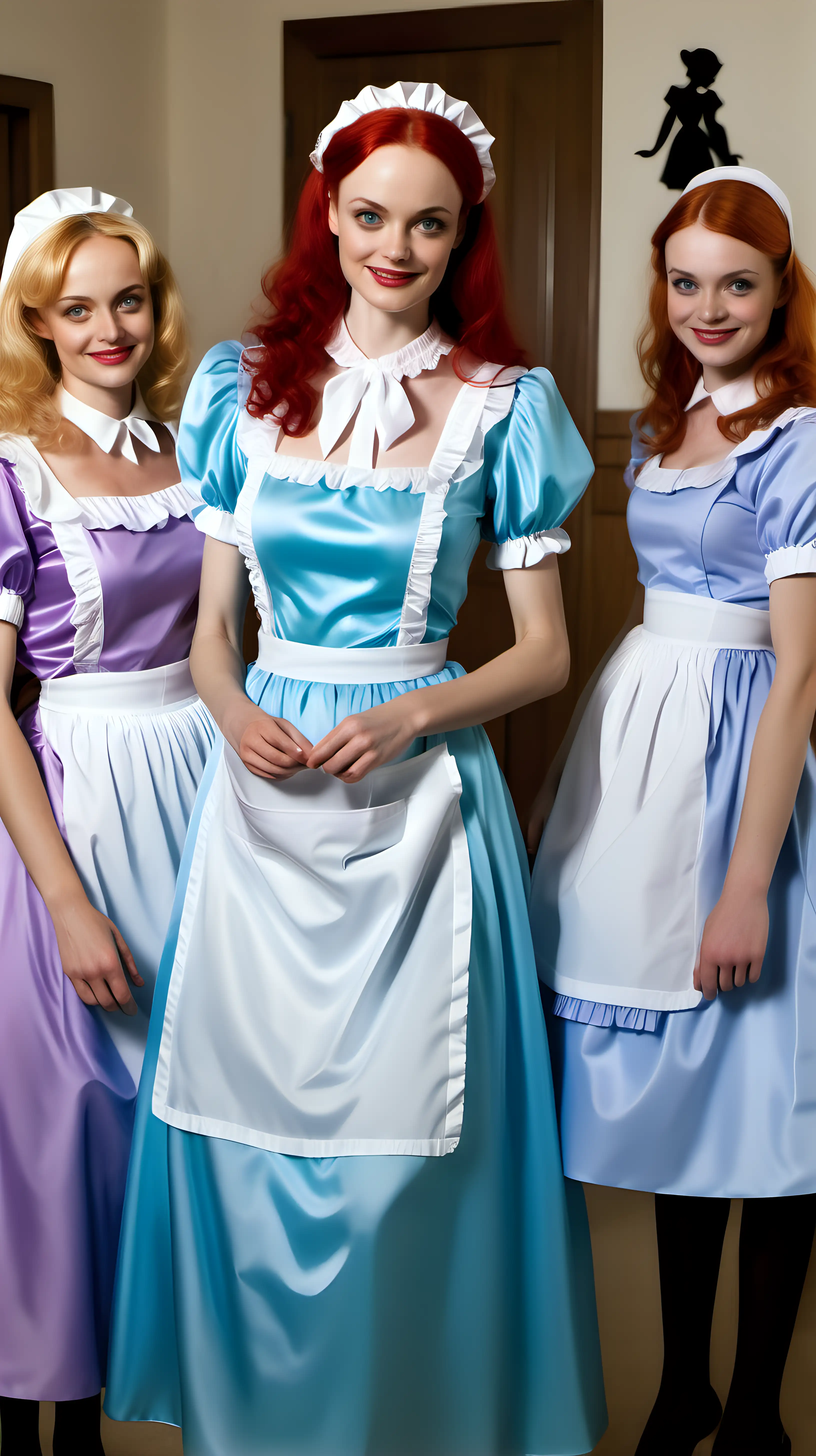 girls in long crystal silk retro strong style sky BLUE and lila
english maid gown with apron and peter pan colar and long and short sleeves costume and milf mothers long blonde and red hair,black hair Heather Graham smile in house