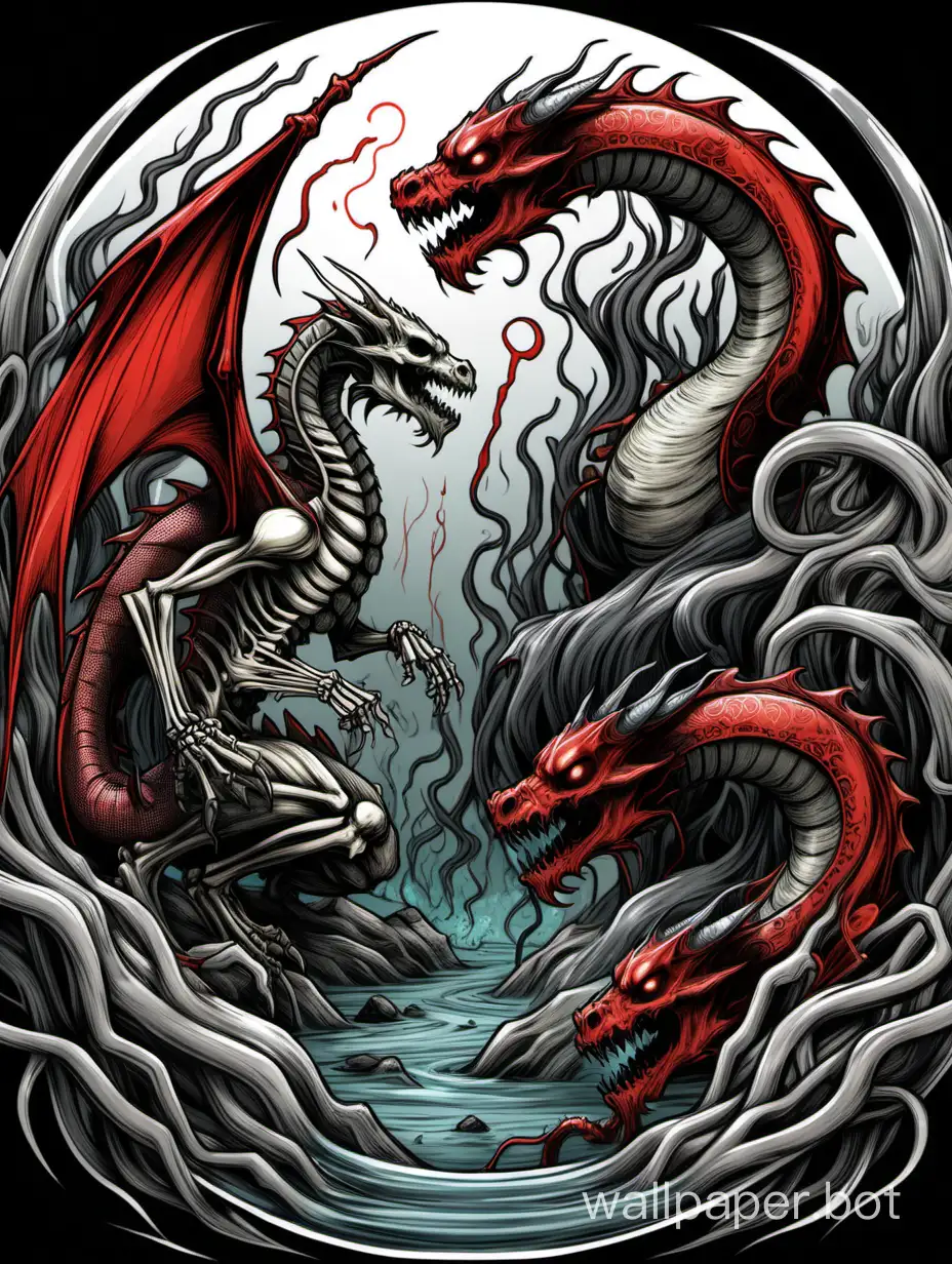 dragon, yin yang, predatory plants devour monsters:: Sketch::3 Drawing::3 Storybook Illustration::2 Moody Lighting:: capillary graphics, graphics, stylization ::3 Spine, ribs, joints, bones, skeleton, red thick water, red puddle::2 --q 2 --ar 9:16, sticker art