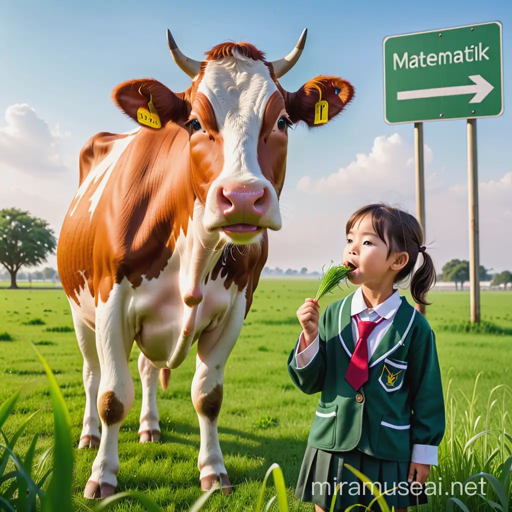 A cow is eating grass in the plains with grass in its mouth and big the sign says “ Matematik “.       and the cow is wearing a school uniform