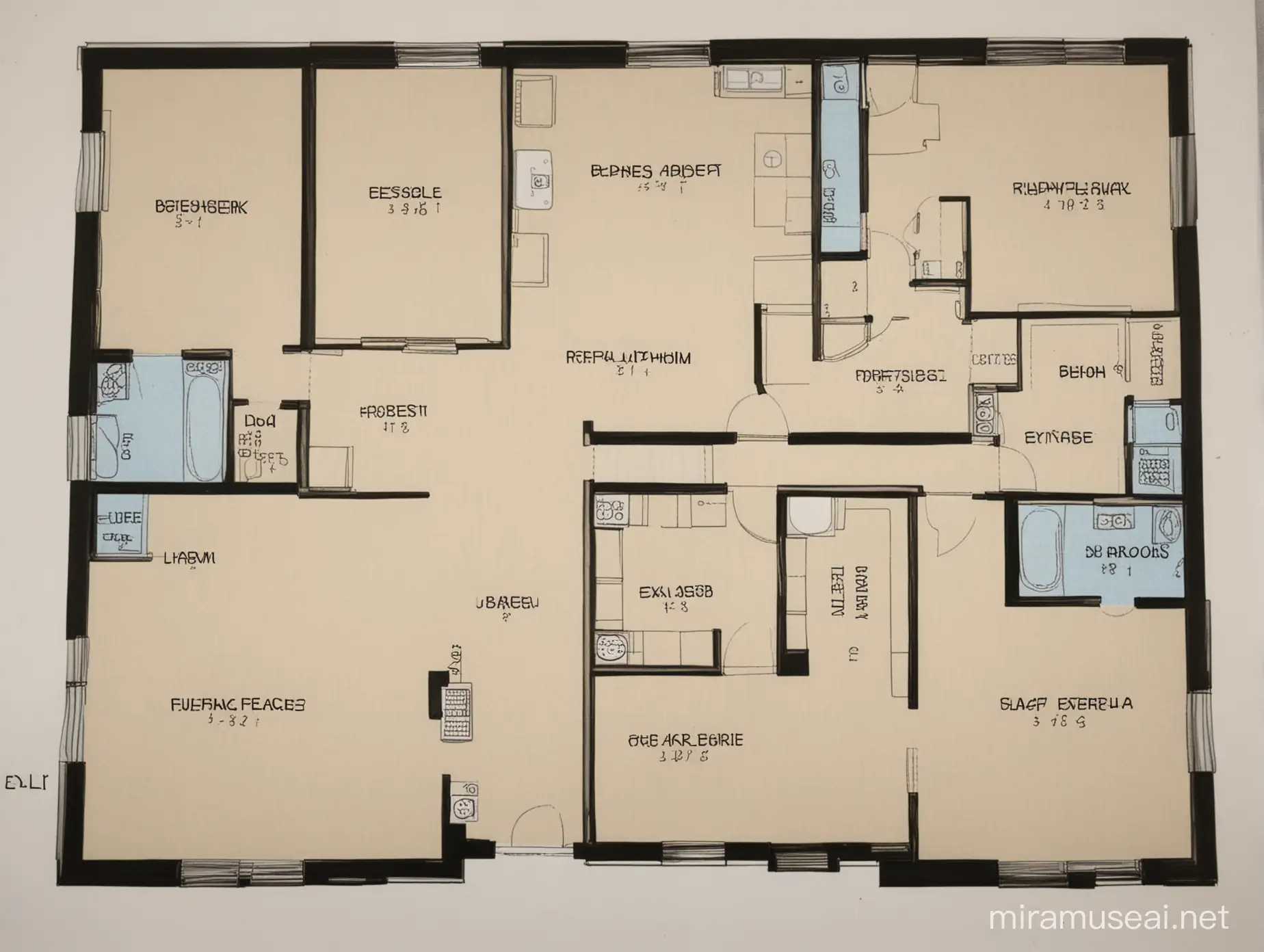 floor plan of a 5 LDK house. Bedrooms are separated from the living room by corridors. Two bathrooms