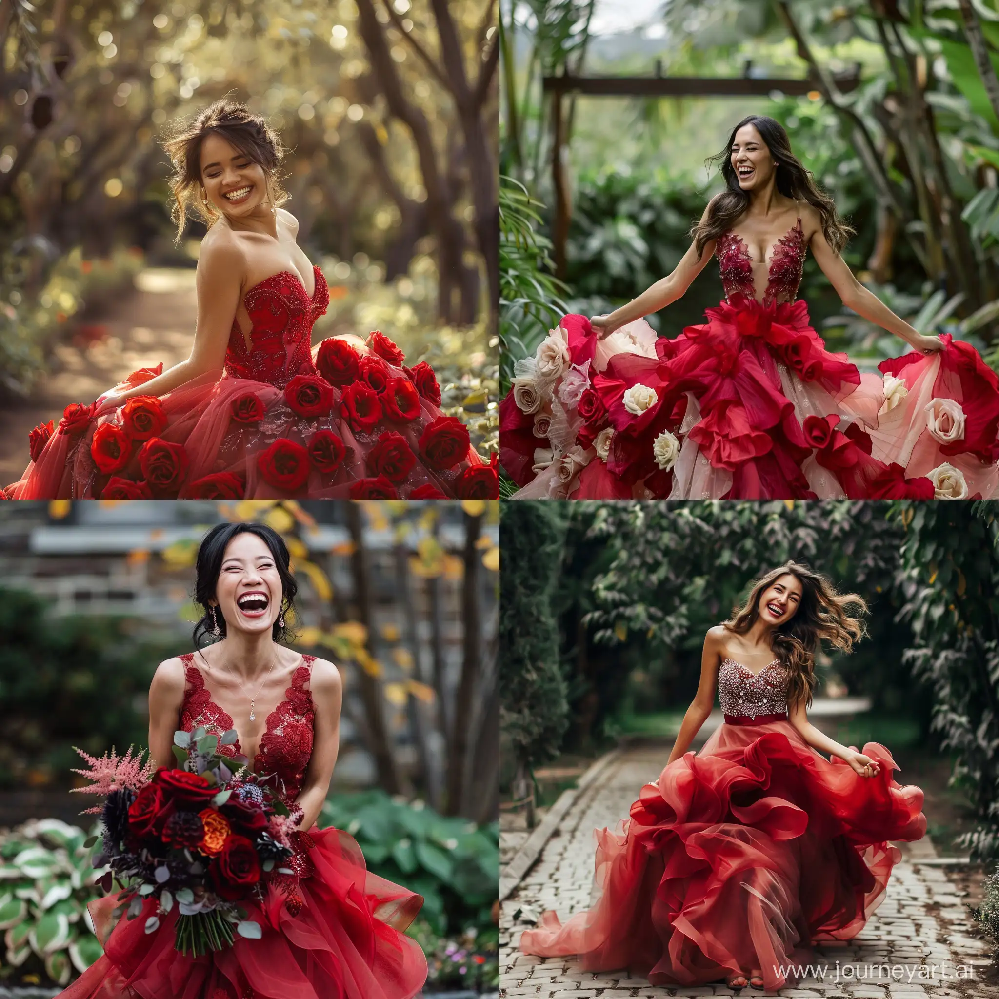 Happy woman in rose red wedding dress