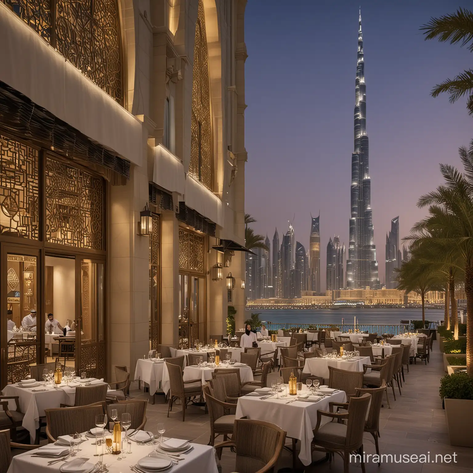 Imagine a bustling Dubai skyline in the background, with towering skyscrapers and the iconic Burj Khalifa piercing the sky. In the foreground, an elegant restaurant facade adorned with intricate Arabian architecture stands out, with a sign proudly displaying the name of your dream food and beverage business. The atmosphere exudes luxury and sophistication, drawing in passersby with the promise of exquisite dining experiences. Patrons are seen enjoying delicious dishes and refreshing beverages, their smiles reflecting satisfaction and contentment. This image captures the essence of launching your culinary venture in the vibrant city of Dubai, where innovation meets tradition amidst a backdrop of opulence and opportunity.