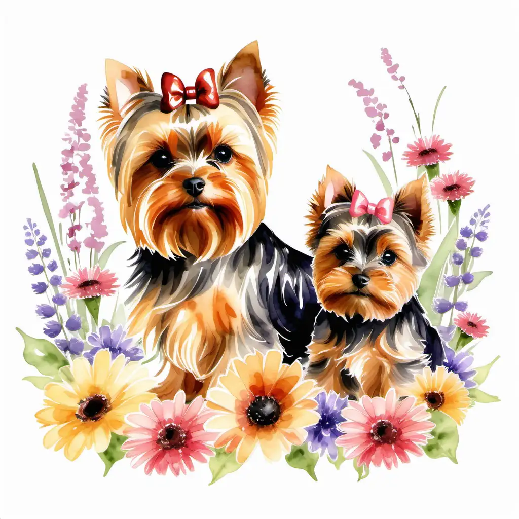 Yorkshire Terrier Mother and Puppy in Watercolor Floral Harmony