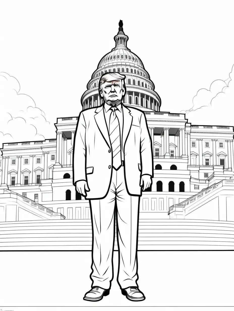 Kids coloring page, b&w lineart, simple, outline, white background, realistic Donald Trump standing in front of a The United Staes Capital Building