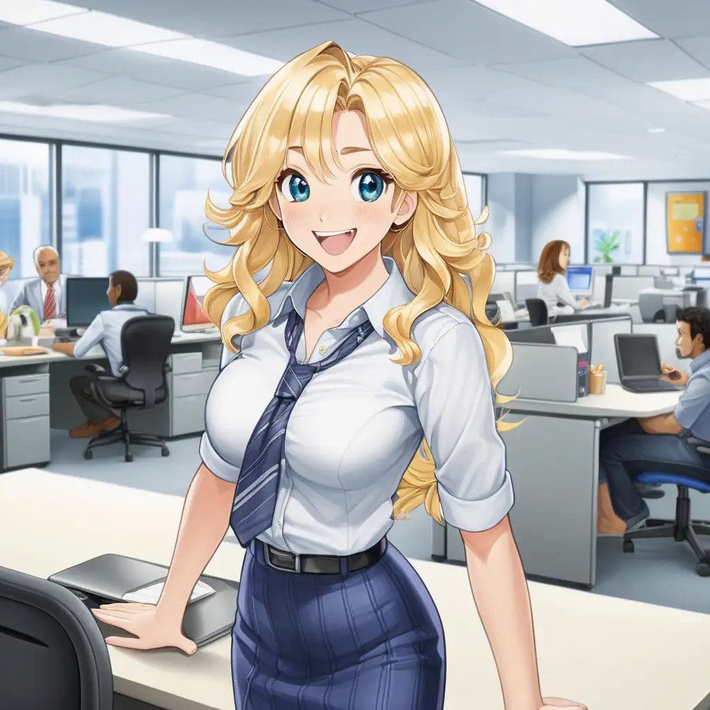 As a still image in the style of anime:

[Image Description: The scene takes place in a brightly lit breakroom within an office setting. Various tables and chairs fill the space, with shelves stocked with snacks and beverages visible in the background. In the center of the frame stands a short woman with extremely large breasts, wearing office attire consisting of a blouse and skirt. She has a cute face with big, sparkling eyes and a joyful smile. Her blonde wavy hair cascades down her shoulders, framing her face in a playful manner. The woman's expression radiates happiness and positivity, reflecting the cheerful atmosphere of the breakroom. Despite her exaggerated features, she exudes a sense of innocence and warmth. The scene captures a moment of camaraderie and relaxation amidst the hustle and bustle of office life.]