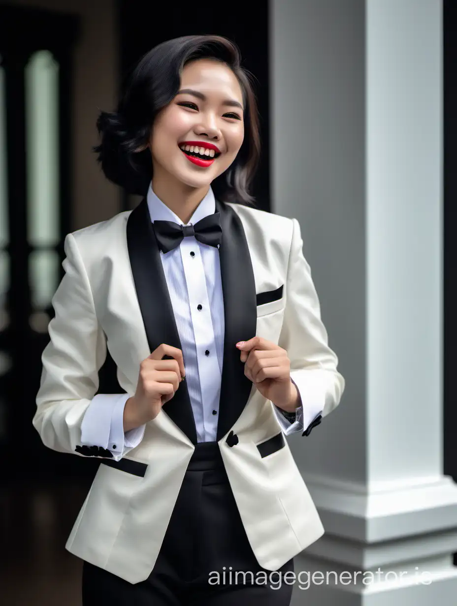 Beautiful vietnamese woman with shoudler length hair and lipstick wearing a tuxedo with an ivory  jacket.  Her shirt is white with double french cuffs and a wing collar.  Her bowtie is black.  Her cummerbund is black.  Her cufflinks are black.  She is smiling and laughing. Her jacket is open. 