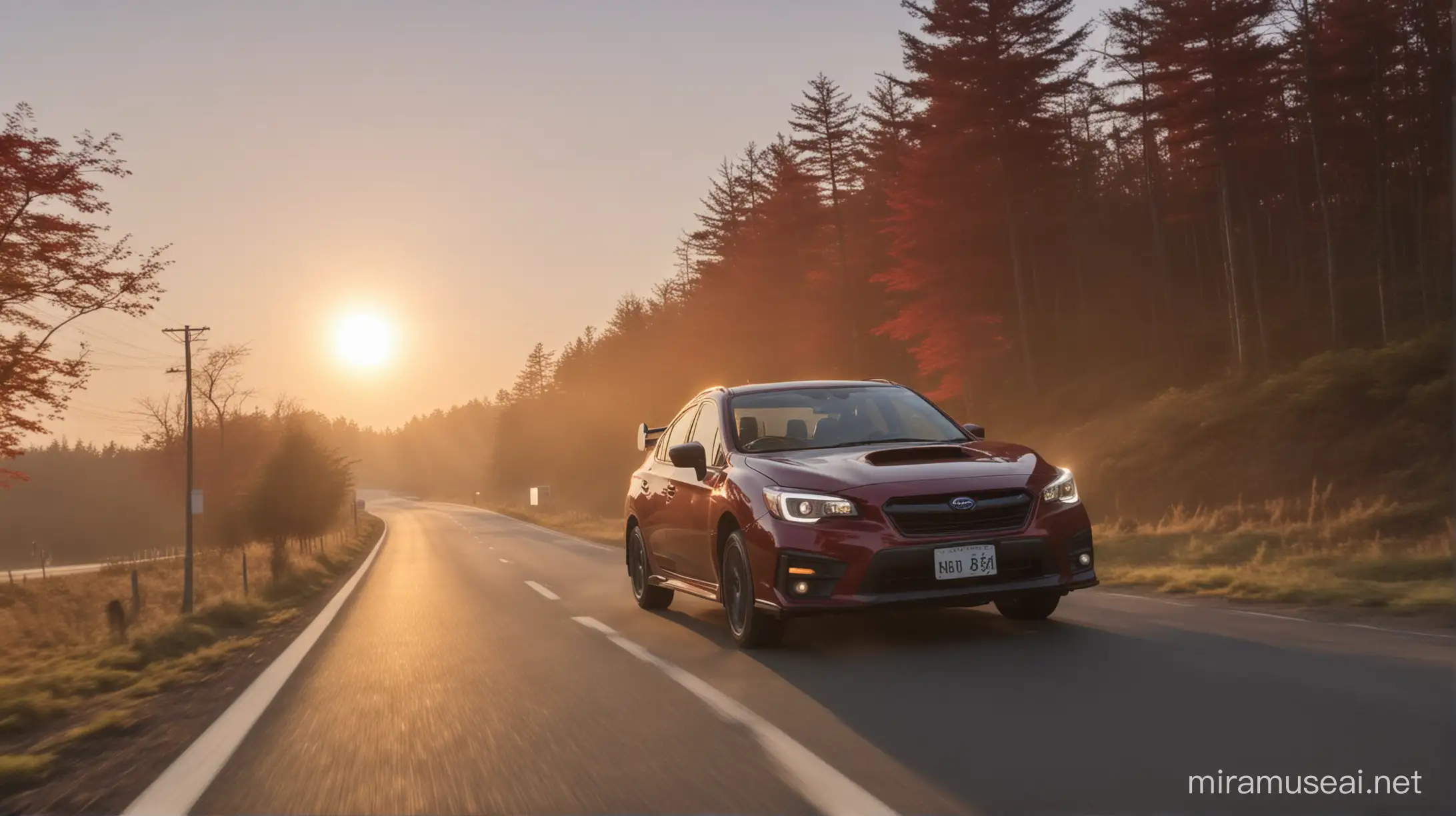 Subaru drives along the road towards the red sun with Japanese rays