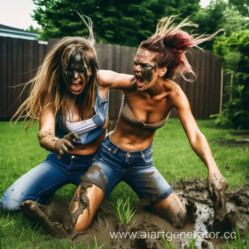 Two  women fight backyard on grass barefoot in jeans angry mud , denim shorts, screaming, lush hairstyle, swearing, nose to nose, locked in a fight, bras