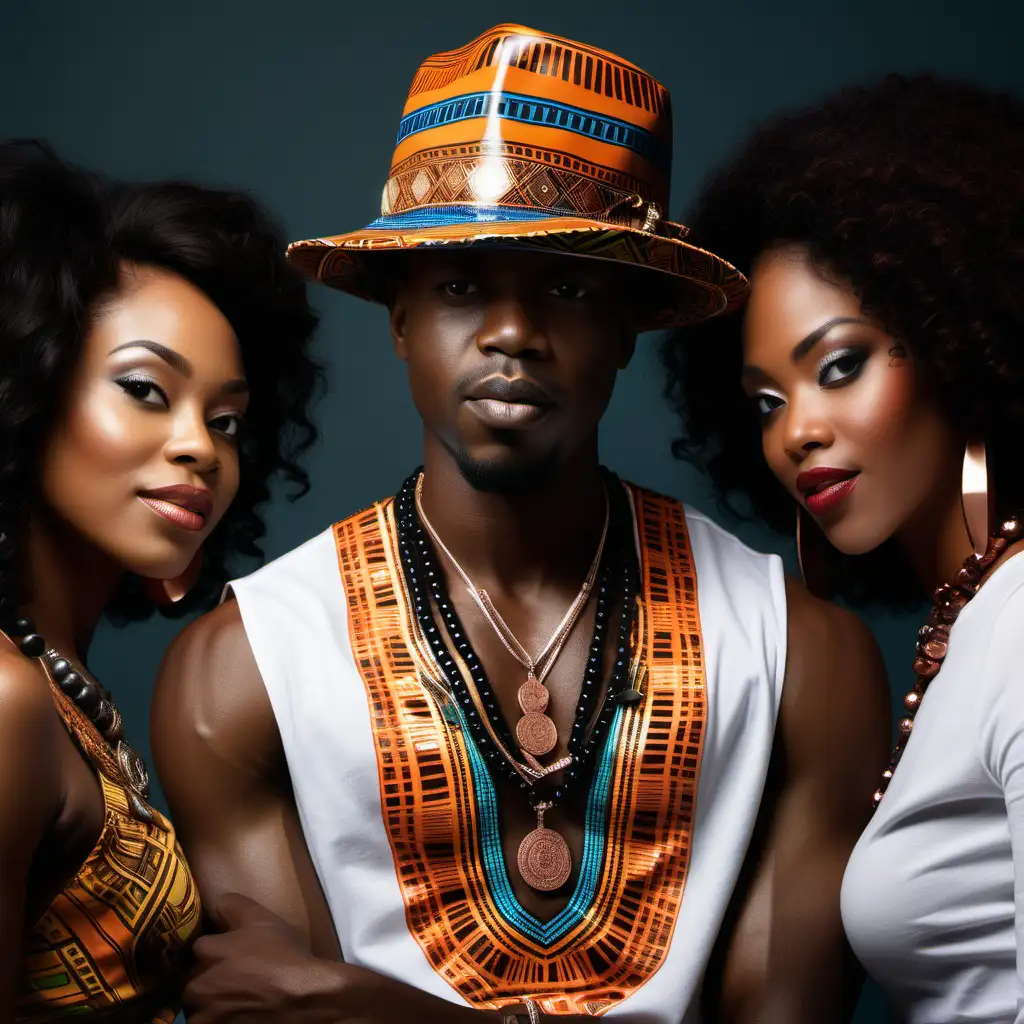 Generate a lifelike depiction of an African-American man adorned in a dashiki engaging in conversation with several women. Capture the essence of his charismatic personality without reinforcing stereotypes. The man is stylishly accessorized with a hat bearing the word "Hoe," along with copper wire jewelry embellished with stones. The scene should showcase positive interactions with a diverse group of beautiful black women gathered around him.