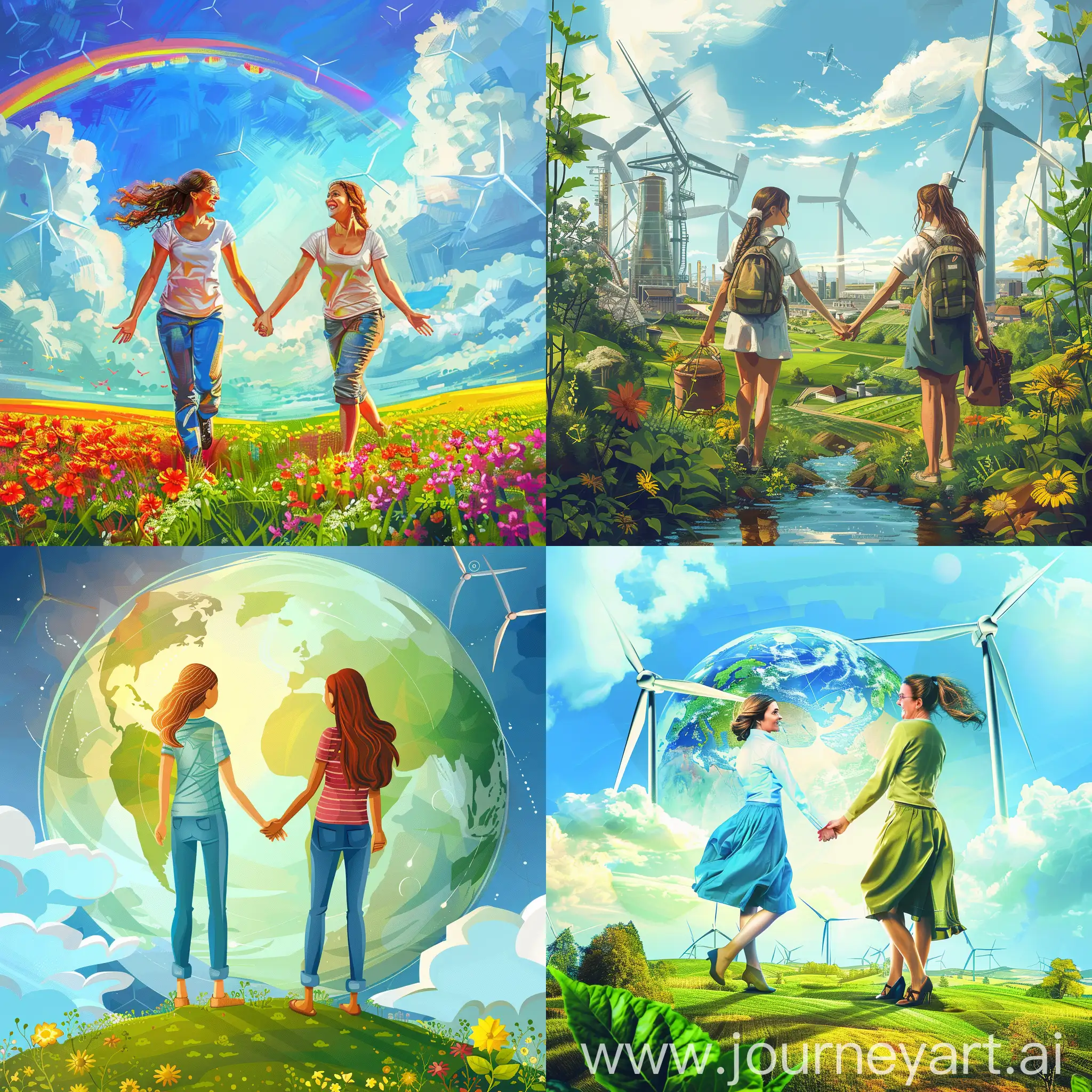 women holding hands and ruling peaceful sustainable clean energy futuristic worlds, 8 march illustration detailed realistic real-life beautiful