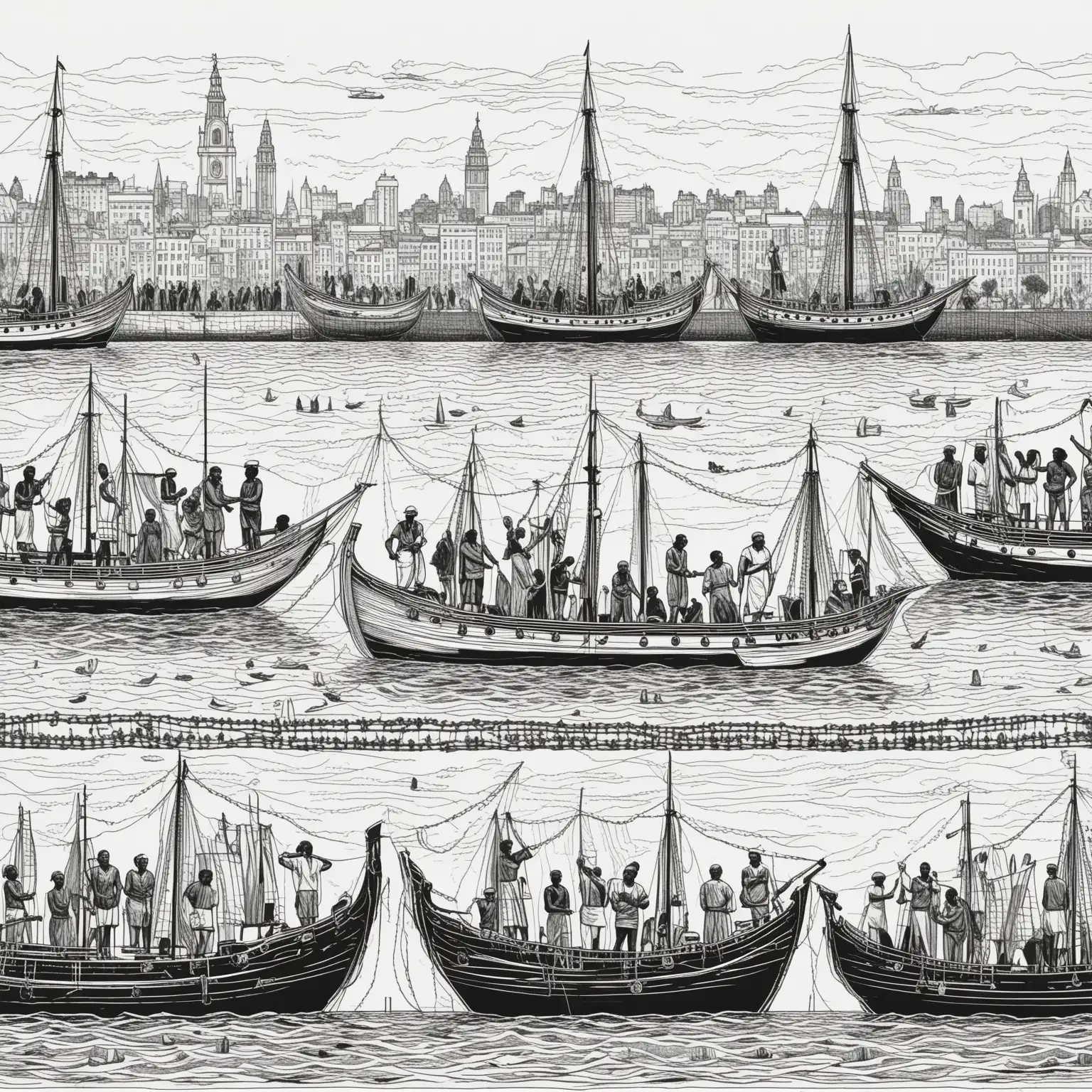 black and white bitmap, line drawing graphic in a minimalist style of a freize, showing the history of slavery in liverpool, showing boats, people in chains, in a west african style