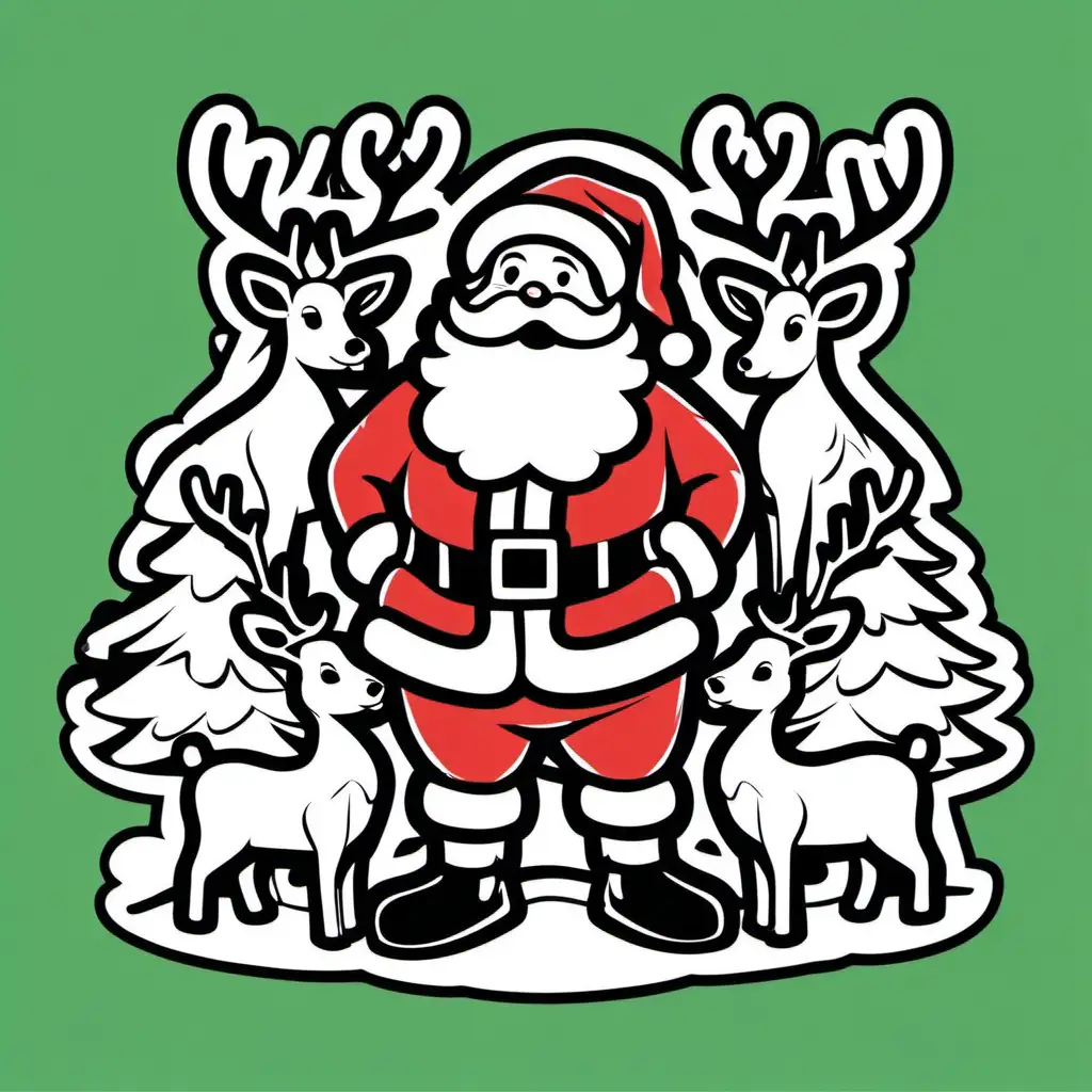 Curious Santa and Playful Reindeers with Bold Outlines