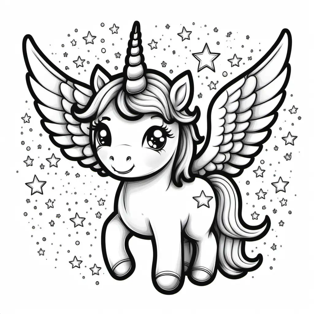 ssimple cute unicorn  with wings and star
coloring page
line art
black and white
white background
no shadow or highlights