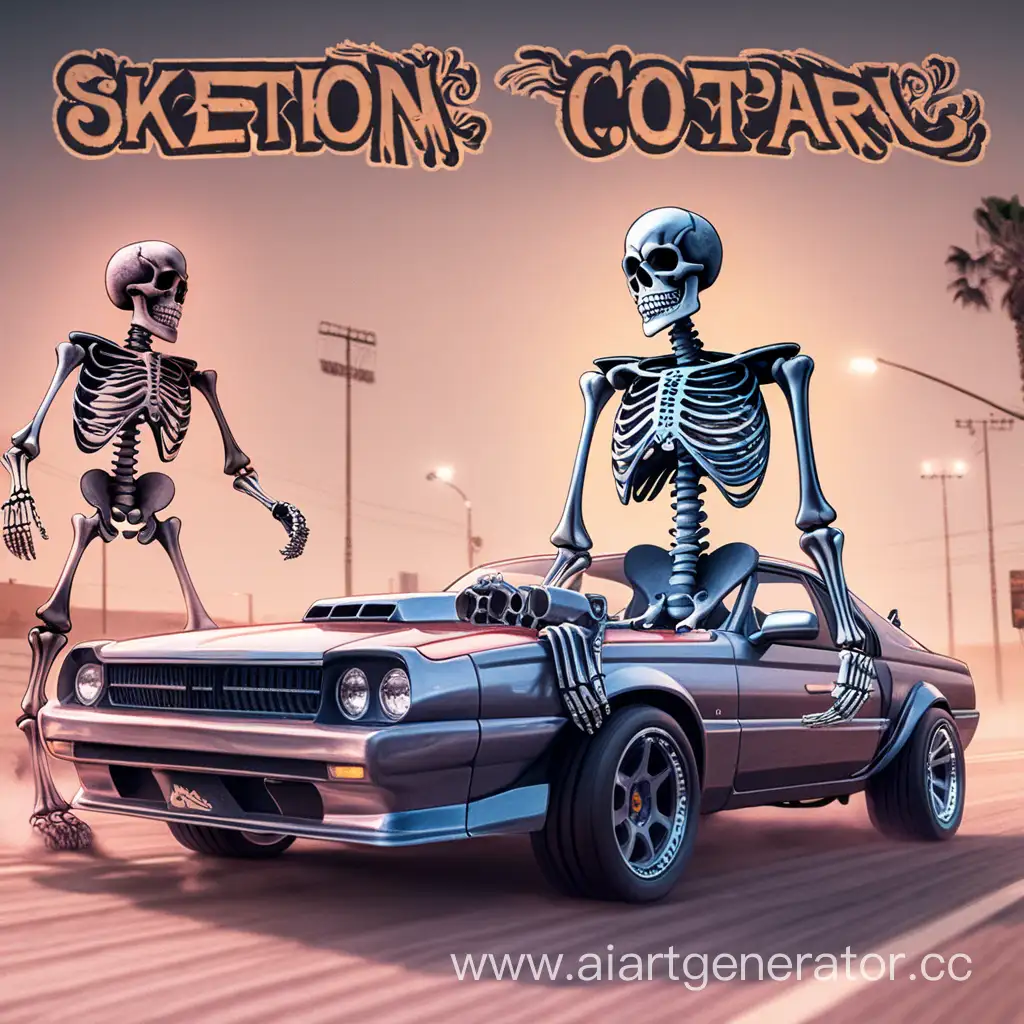 make a cover for a music album with a skeleton and a drift car