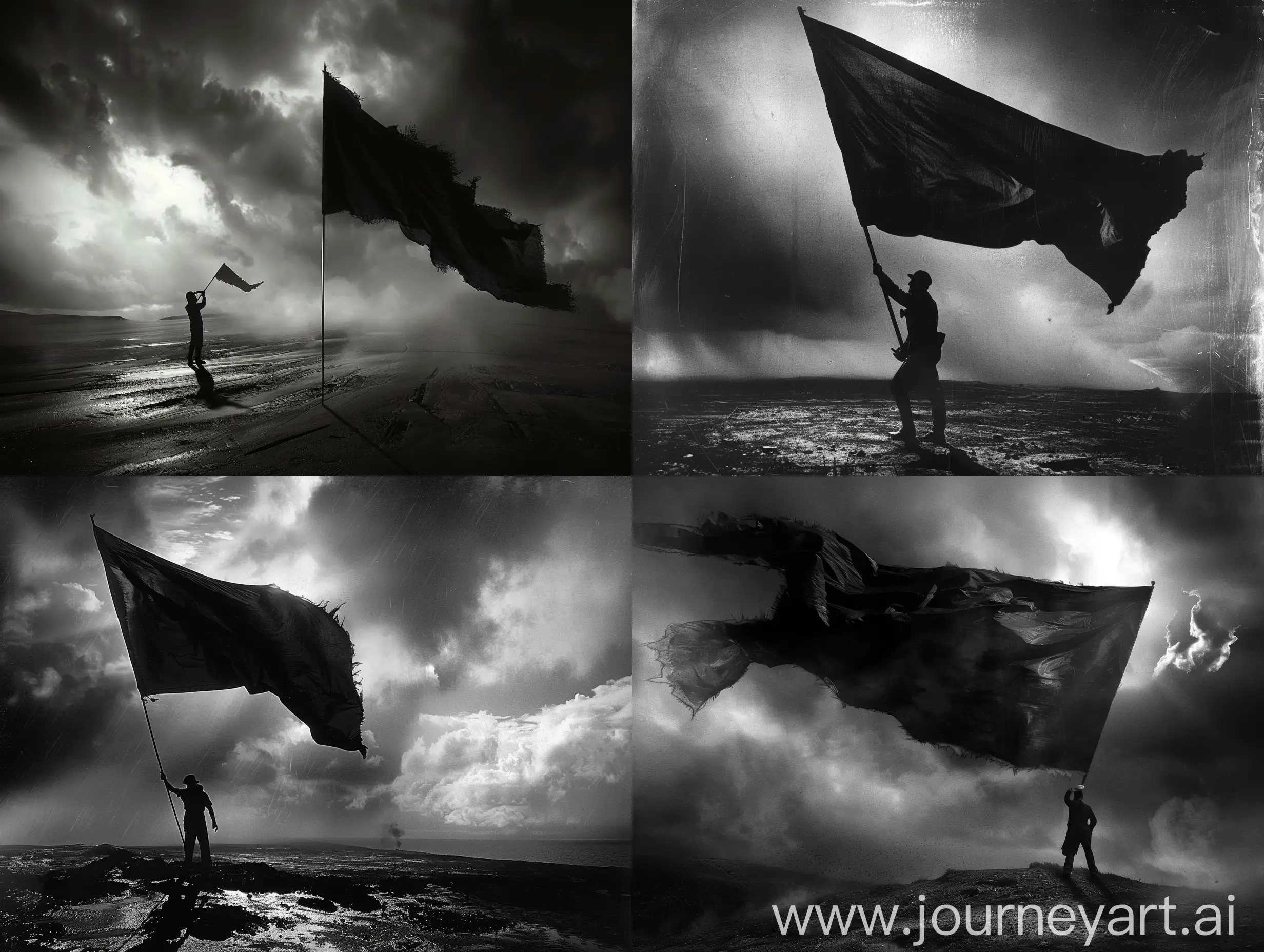 Man nails his black flag, distant land, black and white, dramatic lighting 