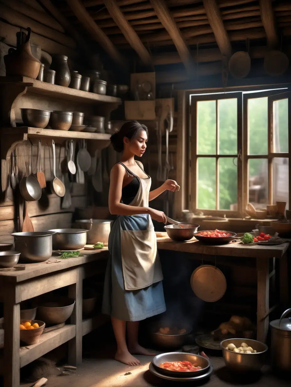 Beautiful MultiEthnic Belinda Preparing Meal in Old Shabby Hut Kitchen