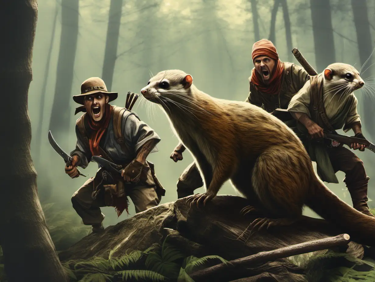 2 bandits and a giant weasel about to attack in the forest