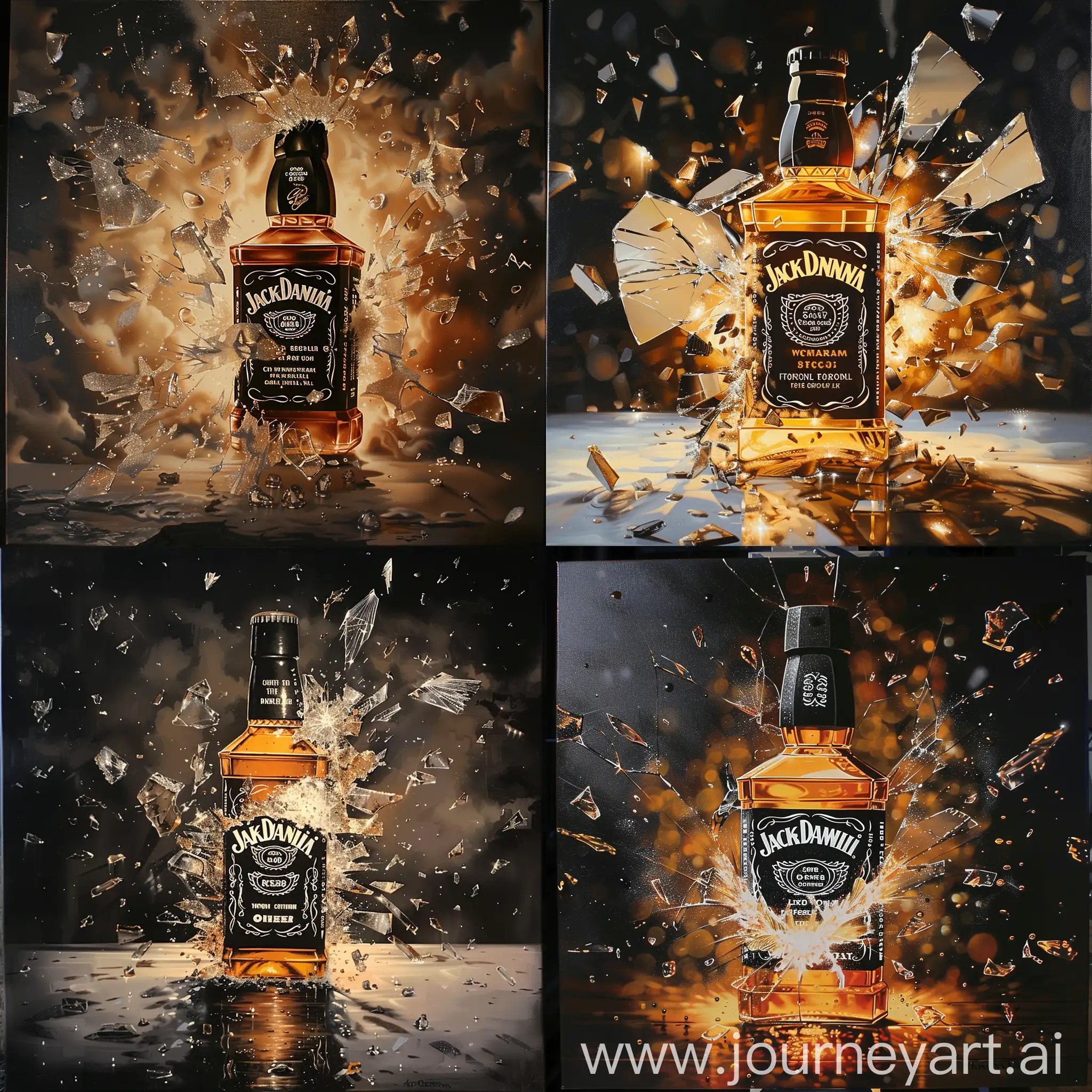 A shaterd jack daniels bottle, on a canvas filled with epoxy, createe realistic lighting and features
