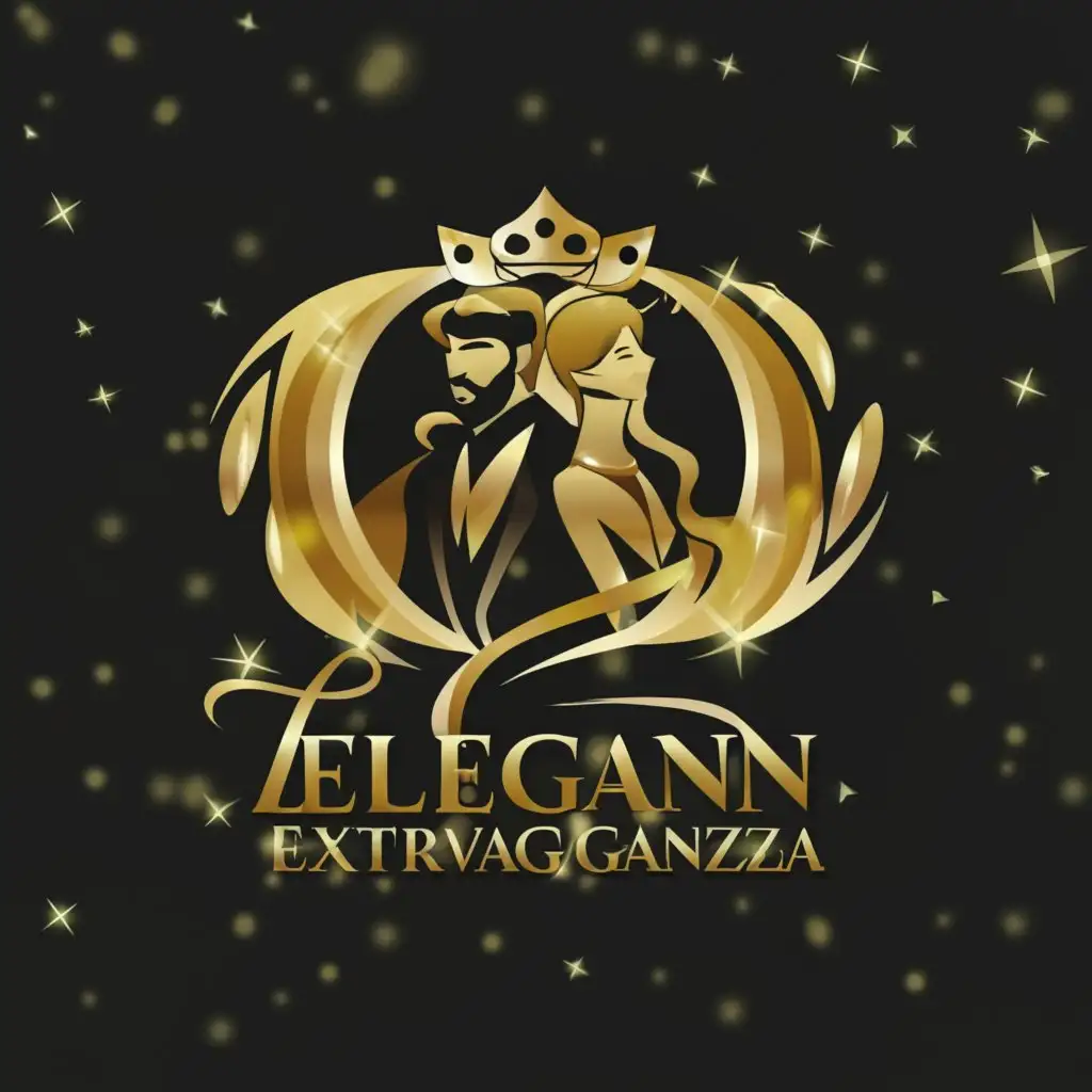 a logo design,with the text "Leo Elegance Extravaganza", main symbol:full photo of couple of models male and female. must be girl with crown. and boy with full suit. this is for pageant show.,Moderate,be used in Beauty Spa industry,clear background