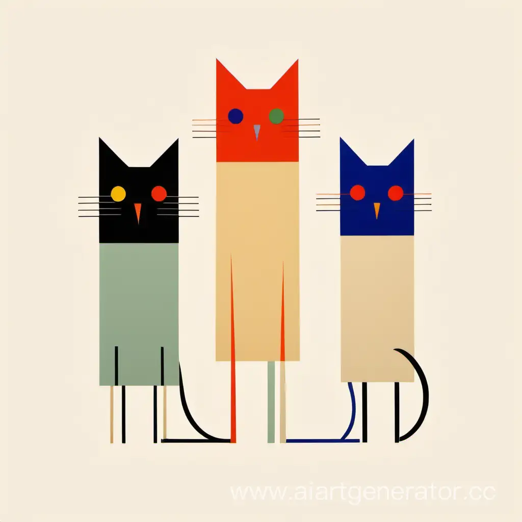 Три разных два тонких один толстый играющих разноцветных кота минимализм примитив растровый рисунок абстрактно упрощённо конструктивизм лучизм супрематизм