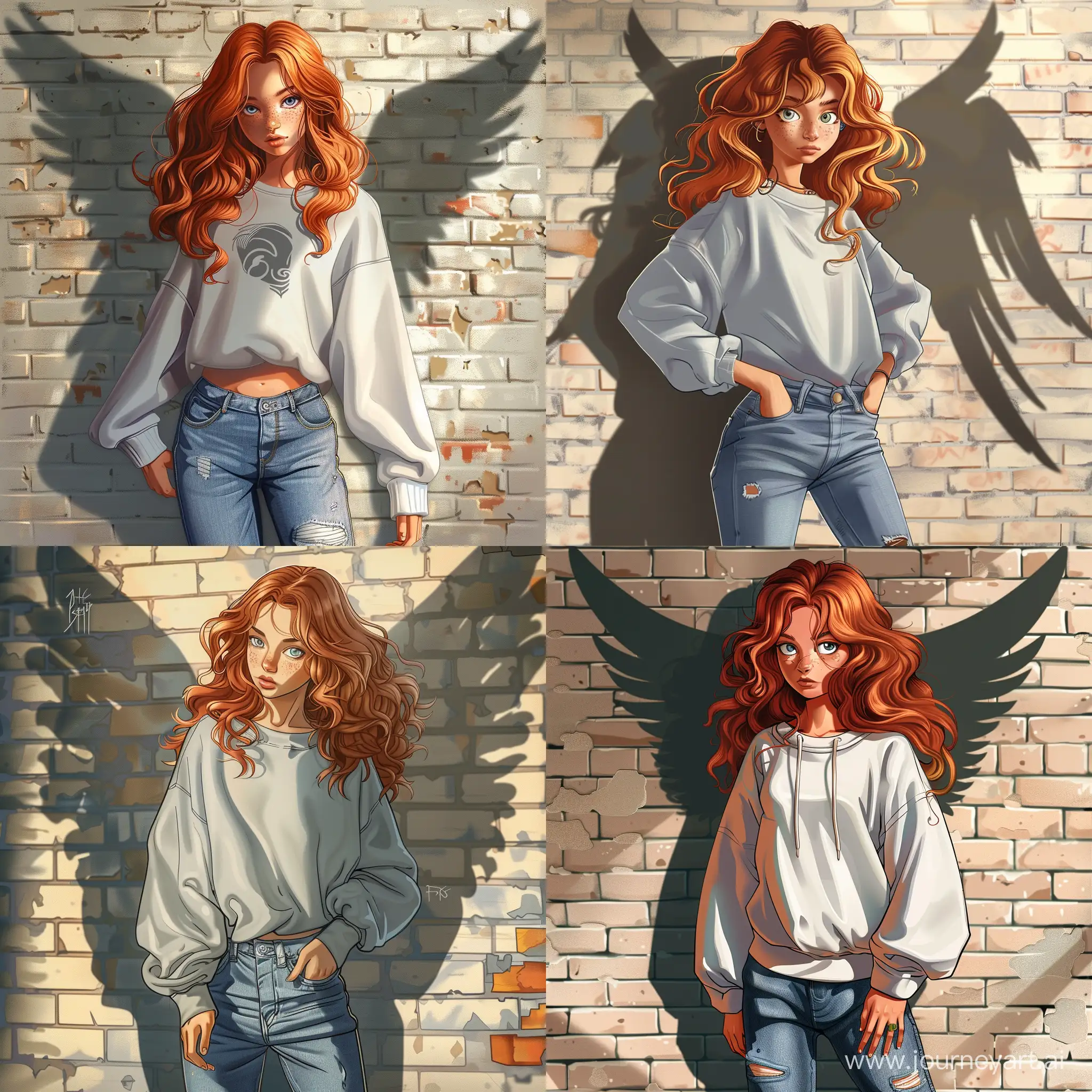 Beautiful girl, wavy red hair, gray eyes, white skin, teenager, 14 years old, jeans and oversize sweatshirt, shadow of wings on the brick wall behind, high quality, high detail, cartoon art