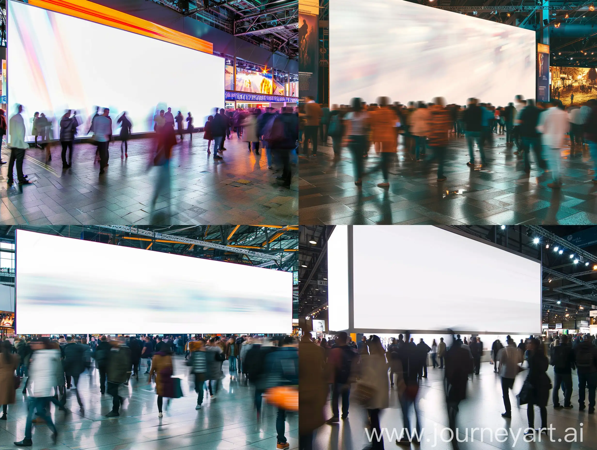 a big white billboard in a  crowded exhibition with a lot of people passing by it, long exposure, highly detailed, high quality