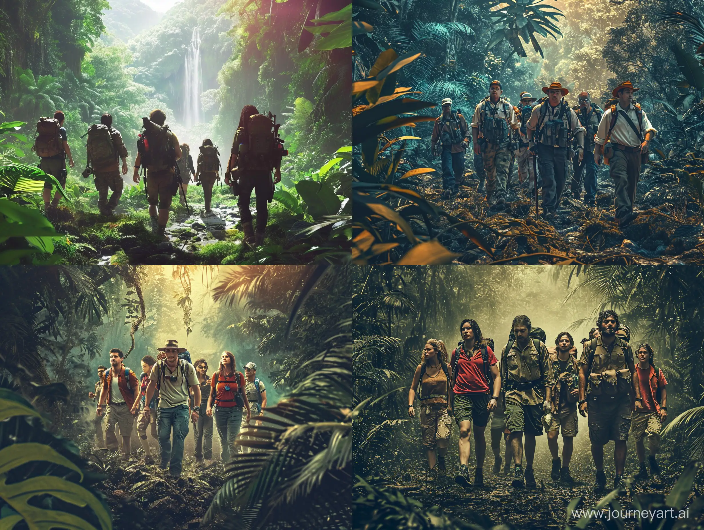 Группа путников из 7 человек идёт по джунглям Южной Америки, реалистичное и фотореалистичное изображение