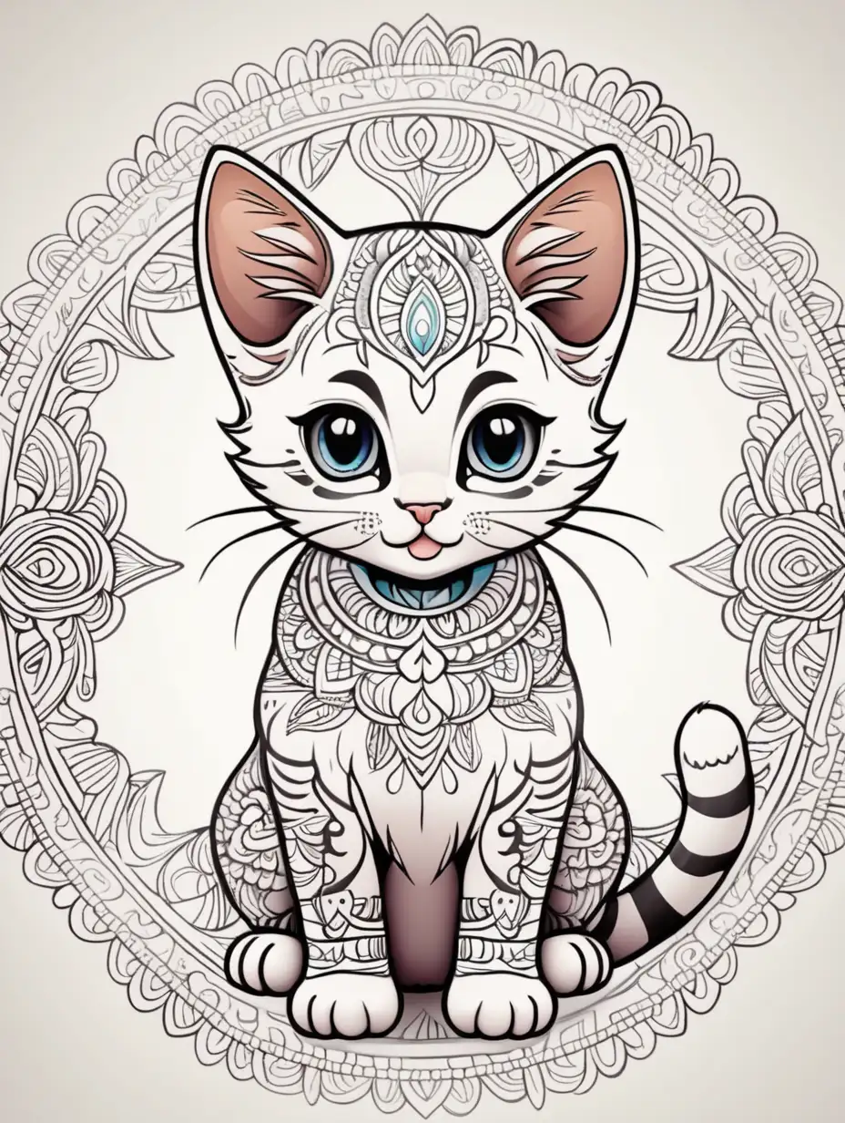 Whimsical Mandala Kitten Playful Cartoon Style Art