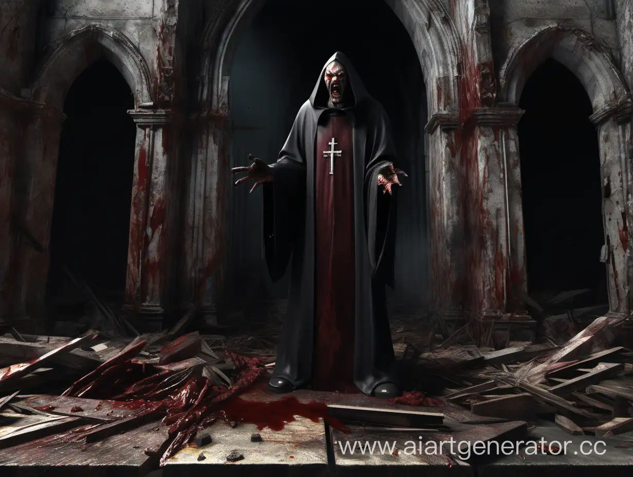 dilapidated dark church,close up angry and ugly bloody priest, high detail, ultra-realistic